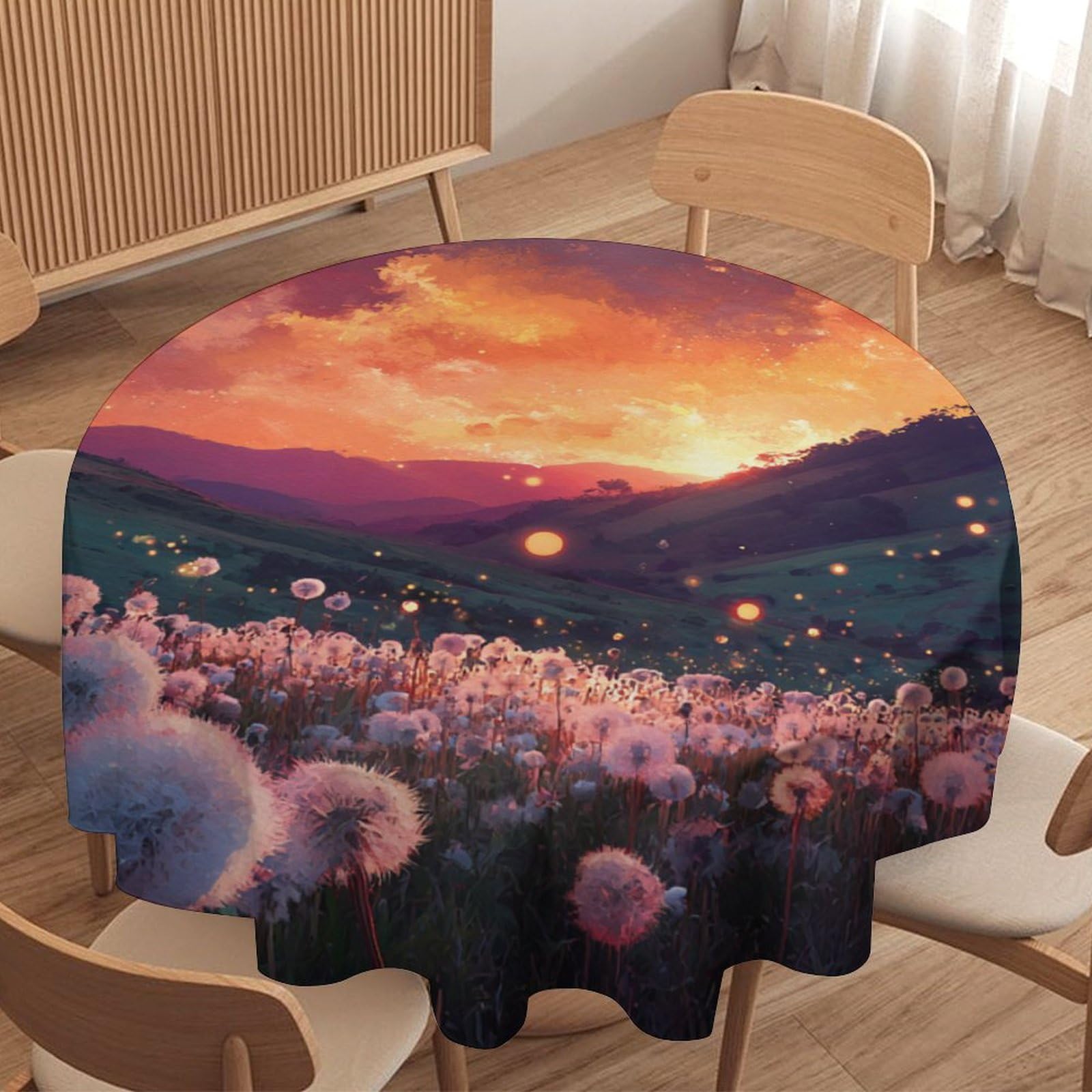 LUYYSKY Retro Classic Dandelions Round Tablecloth Beautiful Natural Sunset Landscape Plants Dandelions Flowers Pattern Washable Decor for Table Cover for Kitchen-91.4" Wx91.4 L cm