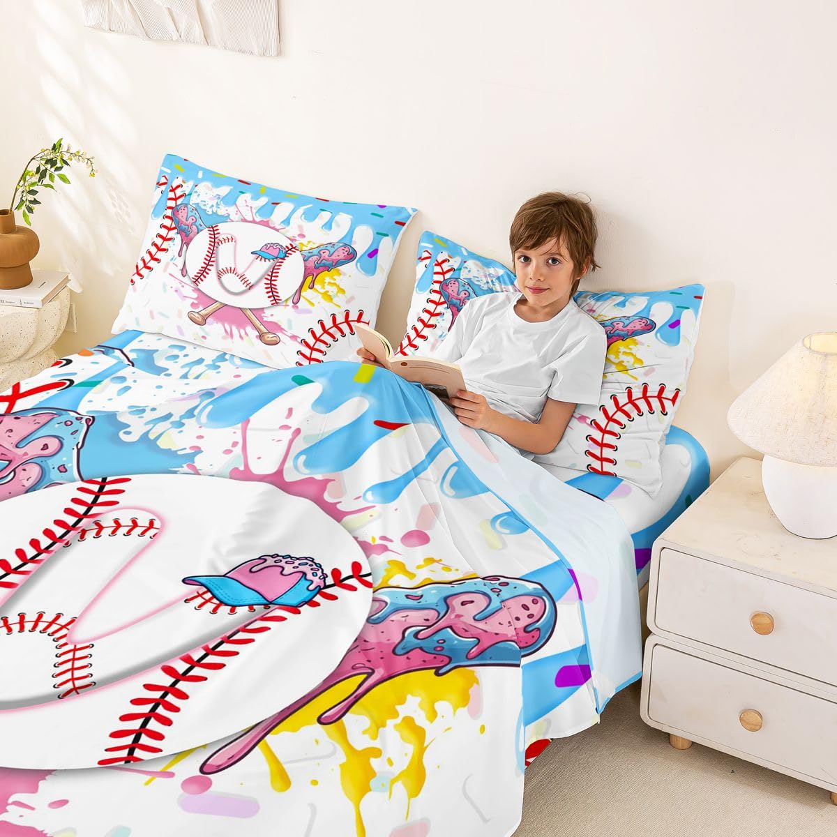 Homewish Zestaw prześcieradeł baseballowych podwójne urocze estetyczne lody kapanie prześcieradła turkusowy niebieski graffiti sport kij baseballowy pościel - Gelato chłopiec litera V inicjał monogram