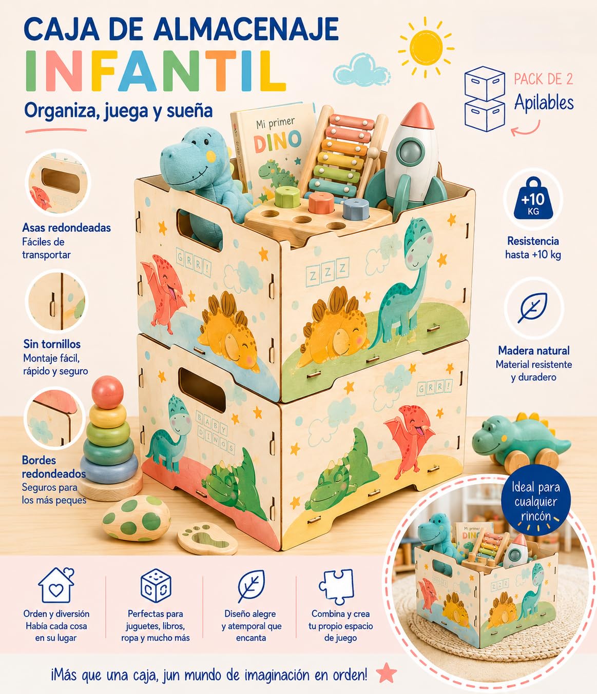DALBER Caja Almacenaje Madera Infantil, Pack 2 Cajas Organizadoras Juguetes, Apilables con Asas y Reversibles, Almacenamiento Habitación Niños, Baby Dinos, Dinosaurios, Animales | Apilables con asas. Diseño reversible ideal para guardar juguetes, decorar