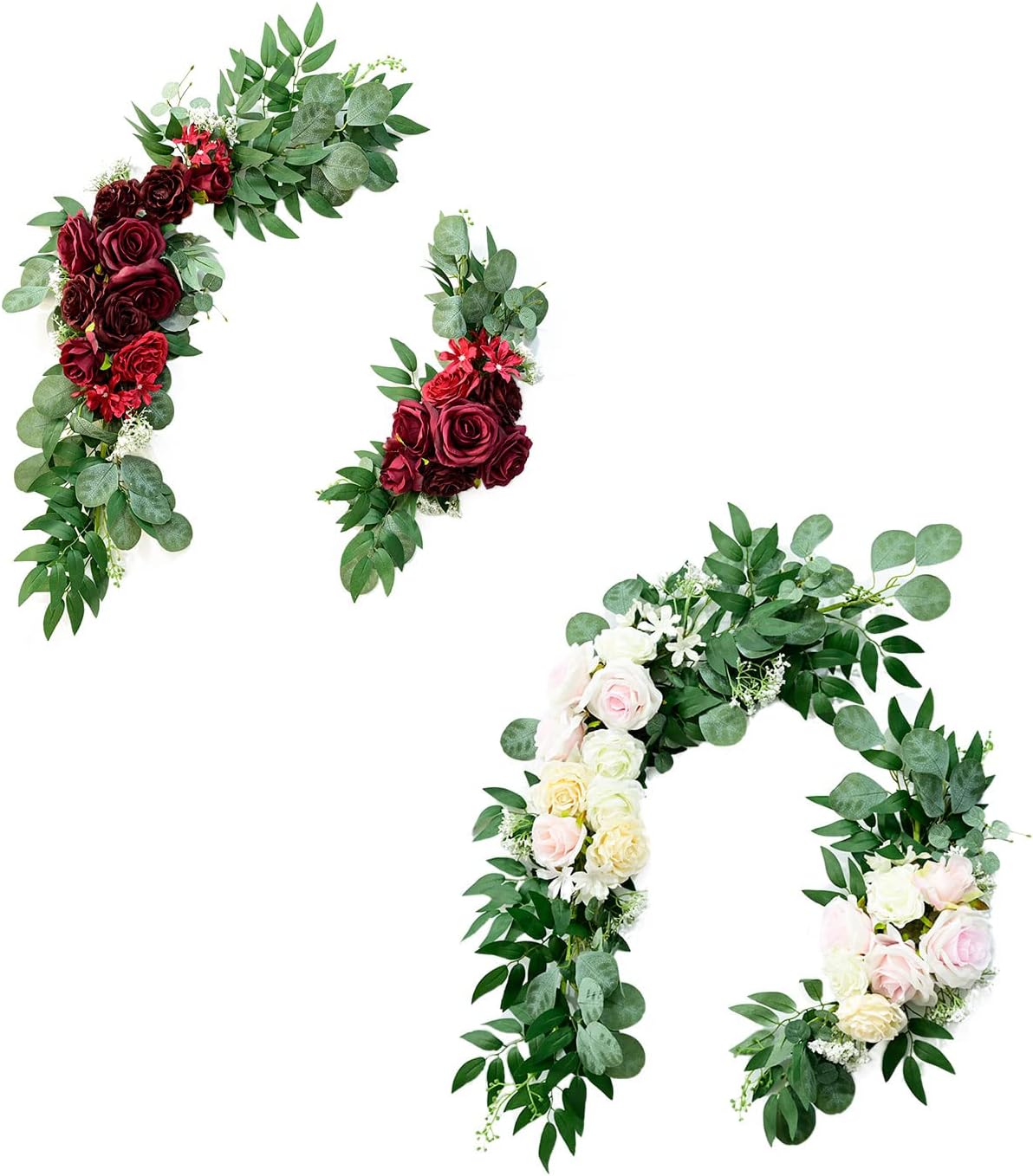 Wedding Arch Flowers Kit Pack of 2, Artificial Pink Rose Flowers with Green Leaves Large Faux Silk Flower Swag Floral Arrangement Swag for Wedding Ceremony Decor