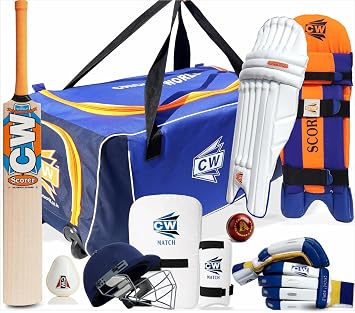 CW Scoremaster Cricket Kit Complete Set with Kashmir Willow Bat, Leather Ball, Helmet, and Wheel Kit Bag for Right- and Left-Handed Players in Sizes 3 to Full 9 Items