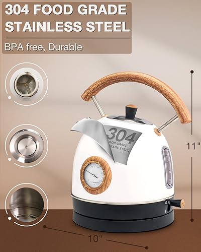 Miniatura 6 de Tetera eléctrica, caldera de agua caliente con termómetro, tetera de acero inoxidable de 1.7 litros, sin BPA, 1500 W, mango de madera, hervidor