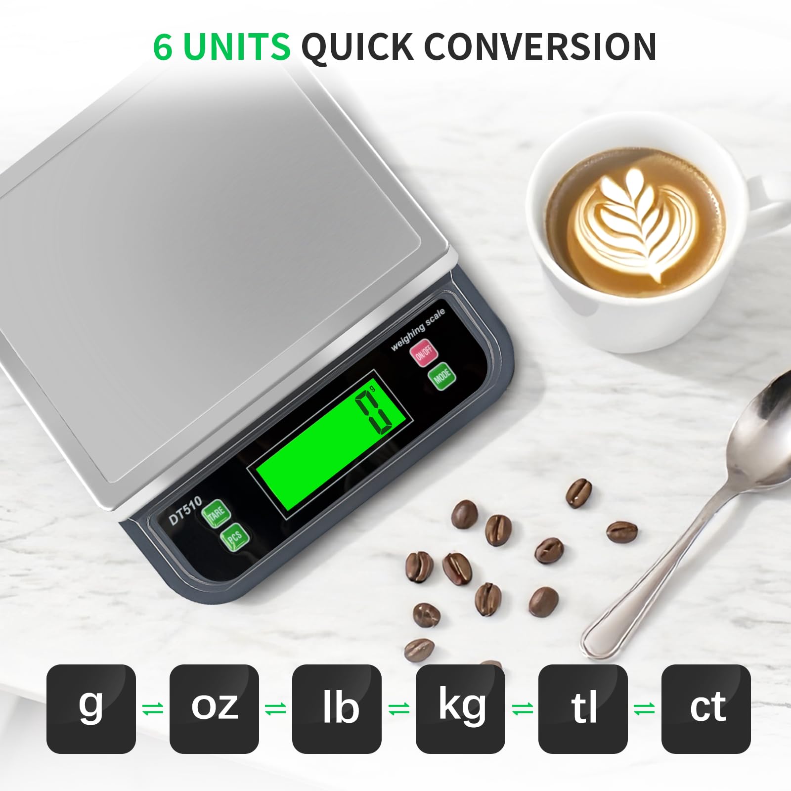 Bilancia digitale per alimenti da cucina, 40 kg, con funzione tara e funzione PCS, in acciaio inox, per cucinare con adattatore, 6 unità (grigio, 40 kg)