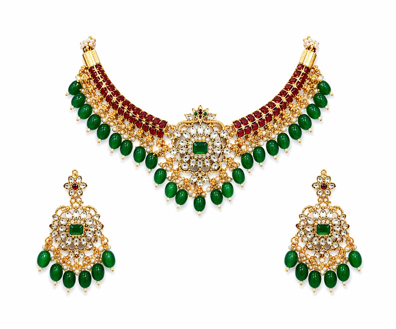 Gold Plated Statement Necklace Set for Women and Girls | Multicolor Stone & Green Bead Necklace with Earrings | Jewelry NL1000602GLD-image-46