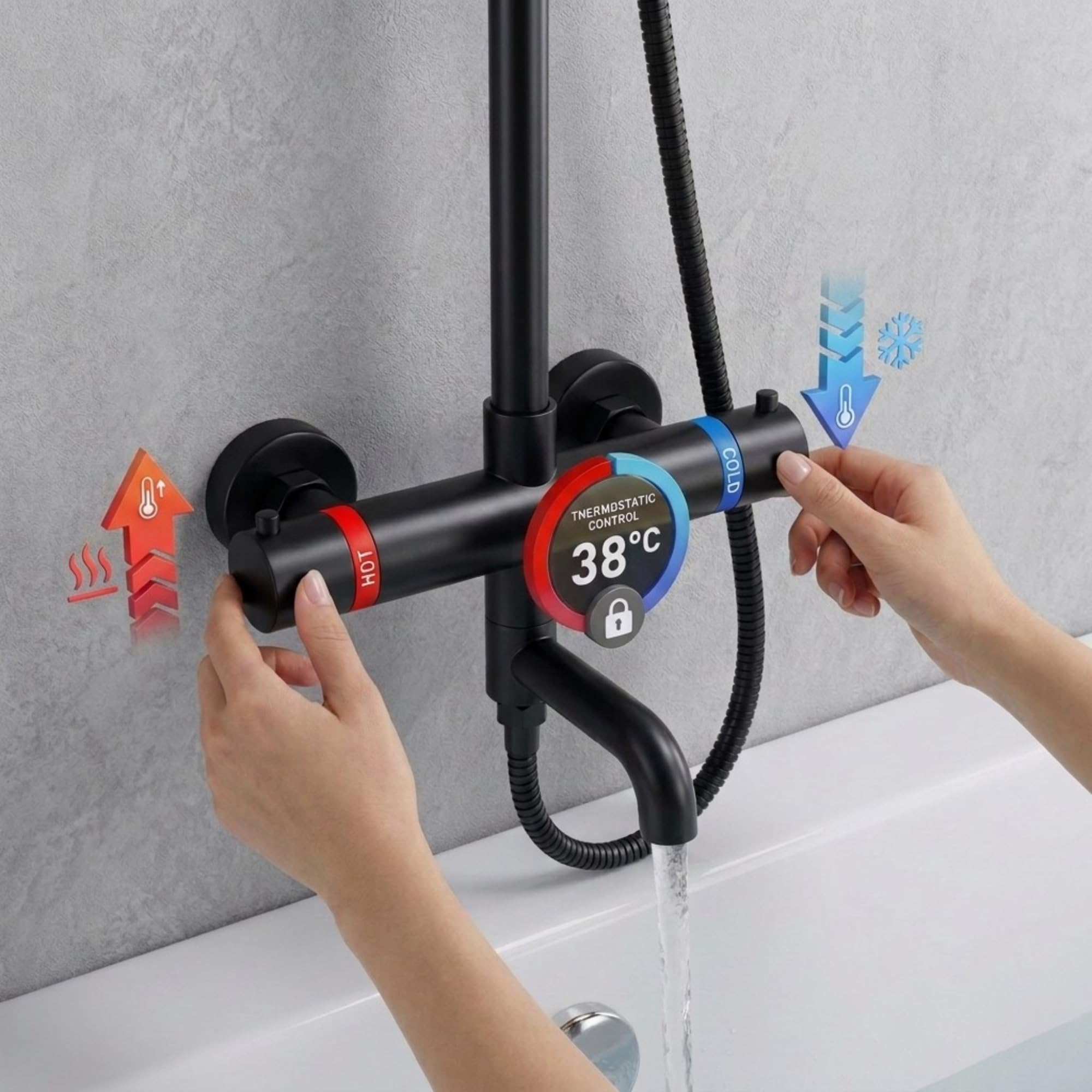 ARKO - Miscelatore termostatico con rubinetto per vasca da bagno, set doccia a pioggia e portatile, sistema termostatico per vasca e doccia (rotondo, nero)
