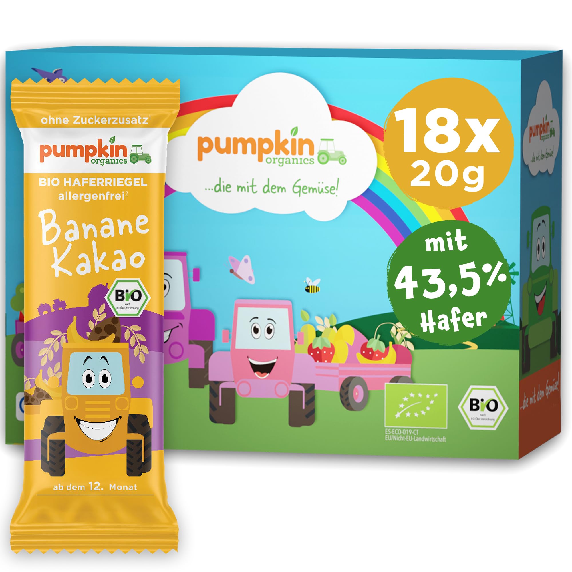 Pumpkin Organics Bio Haferriegel Banane Kakao (18x20g) Haferriegel ohne Zuckerzusatz¹ ab dem 12. Monat - allergenfreie² und glutenfreie³ Baby- und Kindersnacks
