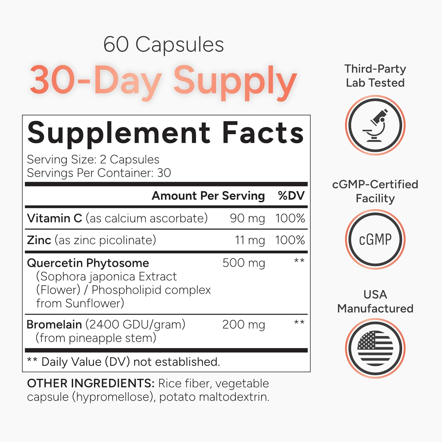 High Absorption Quercetin with Bromelain, Vitamin C and Zinc - 500mg Quercetin Phytosome - 50x More Absorption - Supports Immune Function & Cellular Health - USA Manufactured Supplement - 60 Capsules - Image 5