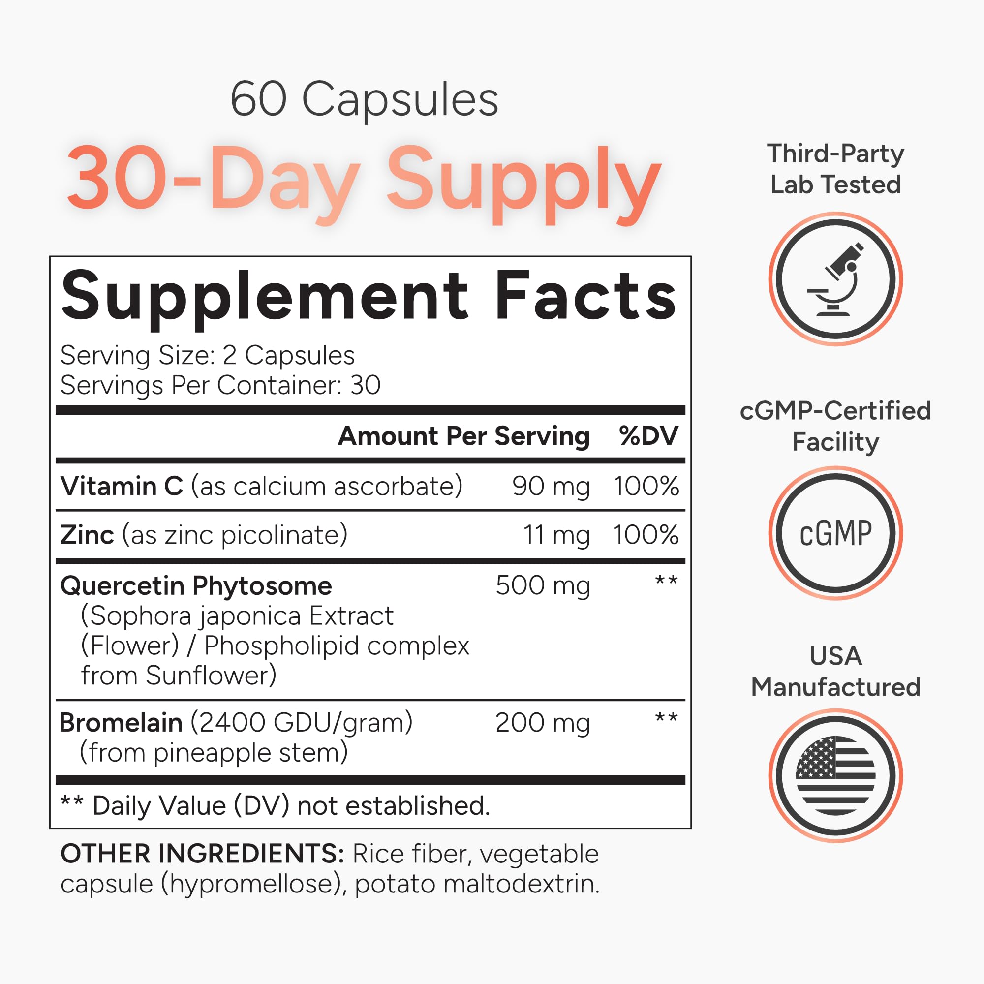 High Absorption Quercetin with Bromelain, Vitamin C and Zinc - 500mg Quercetin Phytosome - 50x More Absorption - Supports Immune Function & Cellular Health - USA Manufactured Supplement - 60 Capsules — Amazon image 5