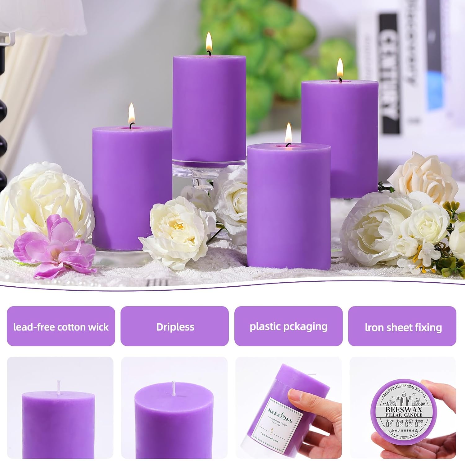 4 Pack Lilac Scented Soy Pillar Candle 2.8x4In,240H Long Burn,Natural Spring Floral Aromatherapy Hand-Poured Candles for Stress Relief,Relaxation & Home Decor,Mother’s Day Gifts,Smokeless & Non-Toxic