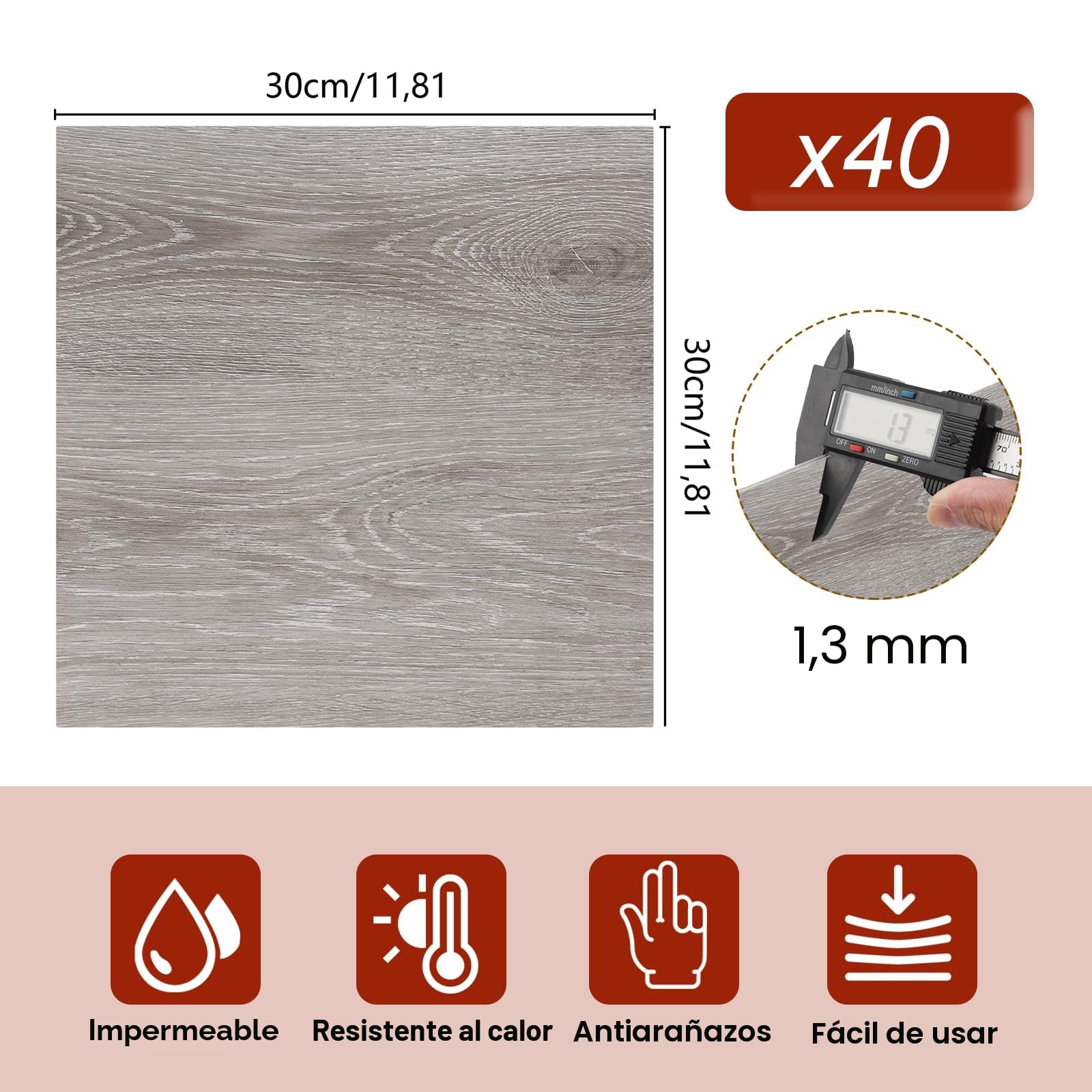 CYEER 40 unidades de suelo de PVC autoadhesivo, suelo de vinilo autoadhesivo, gris, 30 x 30 cm, vinilo con aspecto de madera, pegatinas para el suelo de cocina, salón, baño (grano de madera gris)
