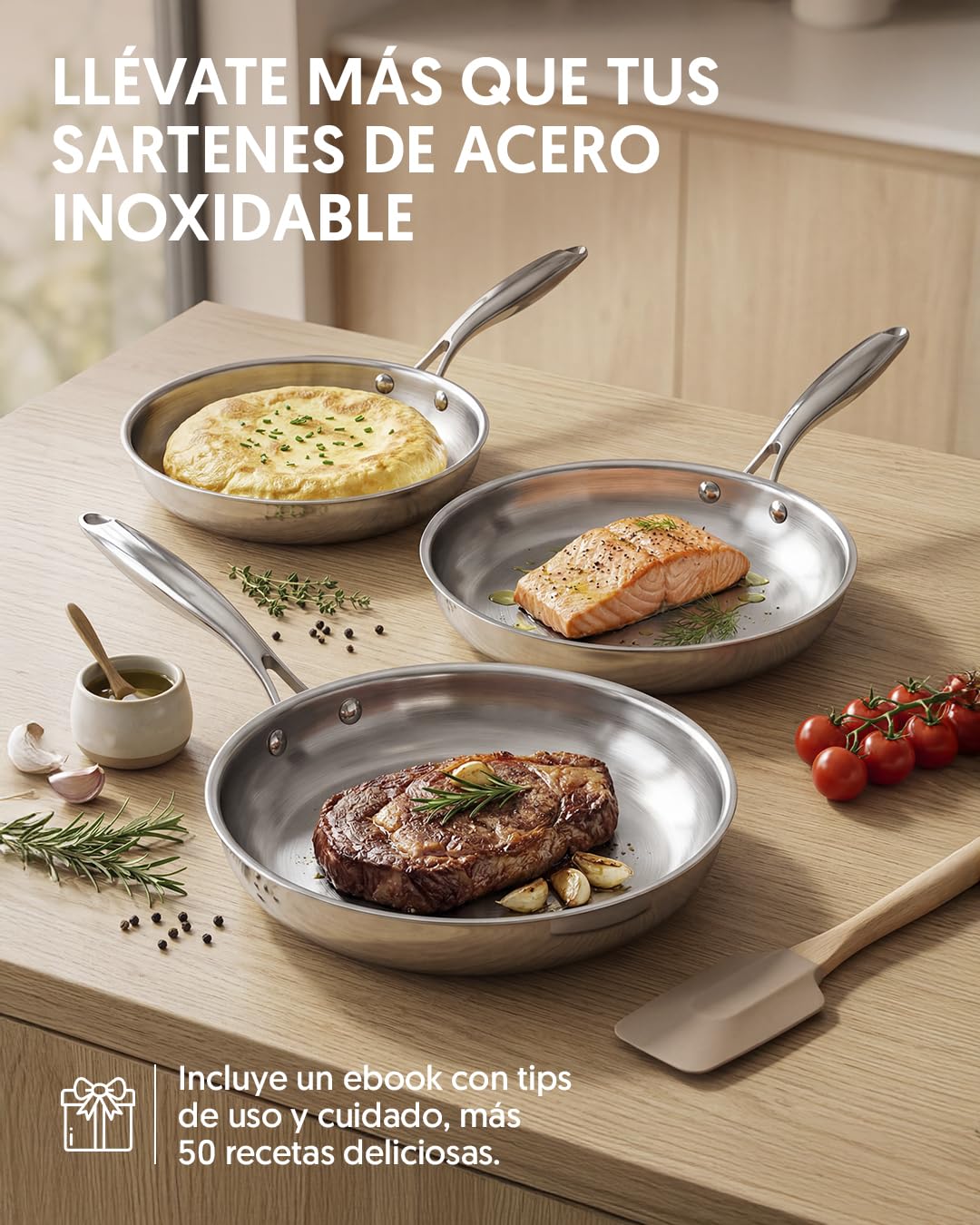 La Moustache - Juego de Sartenes de Acero Inoxidable (20/24/28 cm) - Set Profesional para Inducción, Sin Recubrimientos, Aptas para Horno y Lavavajillas (Titan Inox)