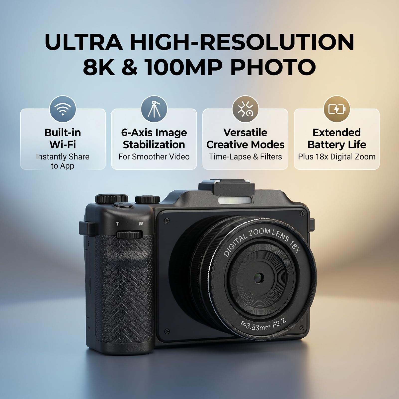 Generic Cámara Digital 8K, Cámaras WiFi de 100MP para Fotografía con Lente Dual de Pantalla HD de 3 Pulgadas, Enfoque Automático con Zoom 18X, Flash Incorporado, 8 Filtros Creativos, (64GB)