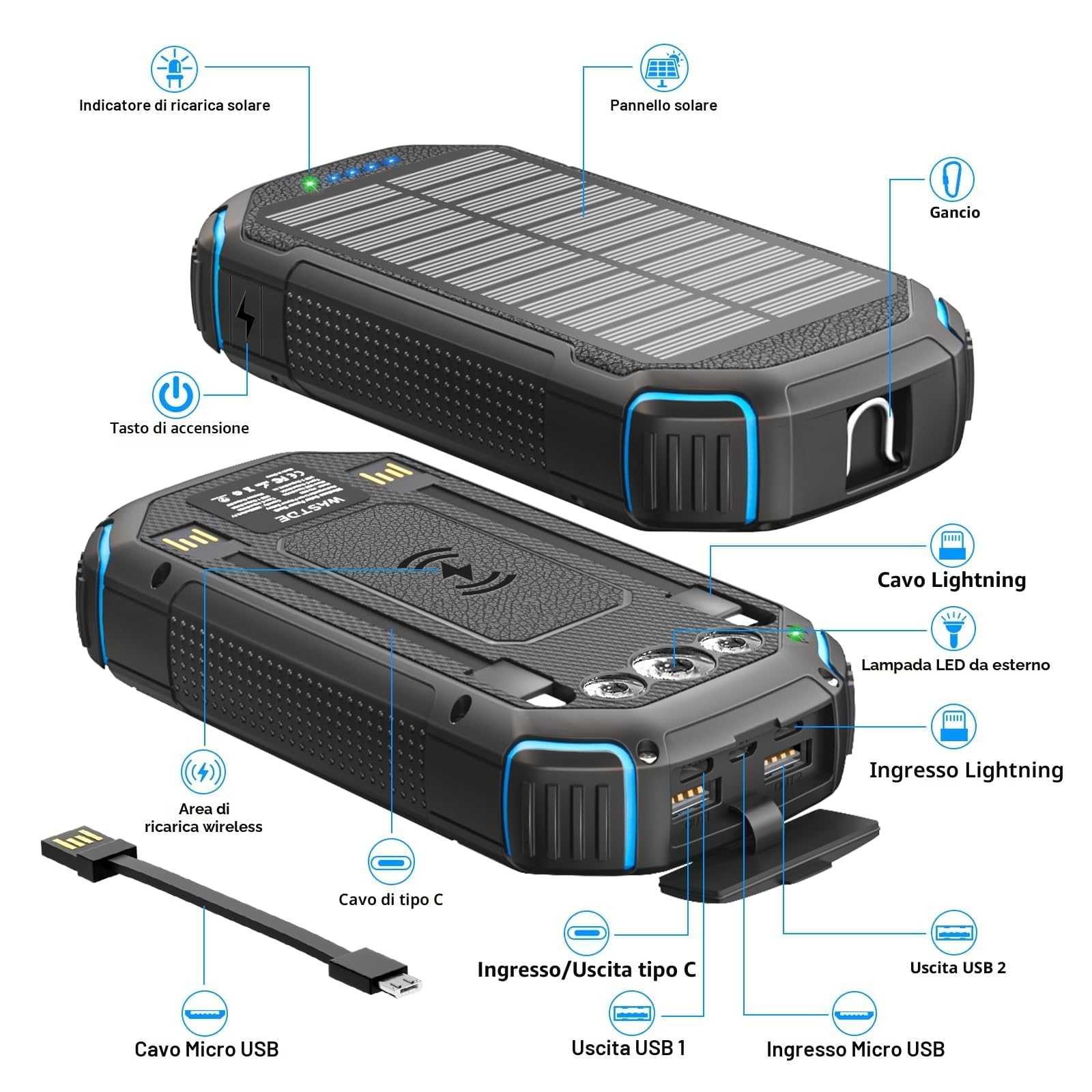 Powerbank solare wireless 26800 mAh con 3 cavi, Power Bank USB-C 15 W, ricarica rapida, 4 uscite, 3 ingressi per cellulare, caricatore solare per esterni, batteria esterna con torcia