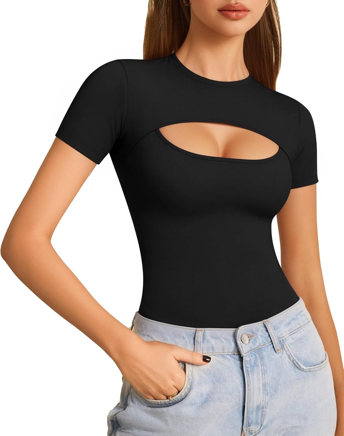 ALGALAROUND Women's Cutout Tops Basic Long Sleeve Round Neck Slim Fit T-Shirts - Image 2