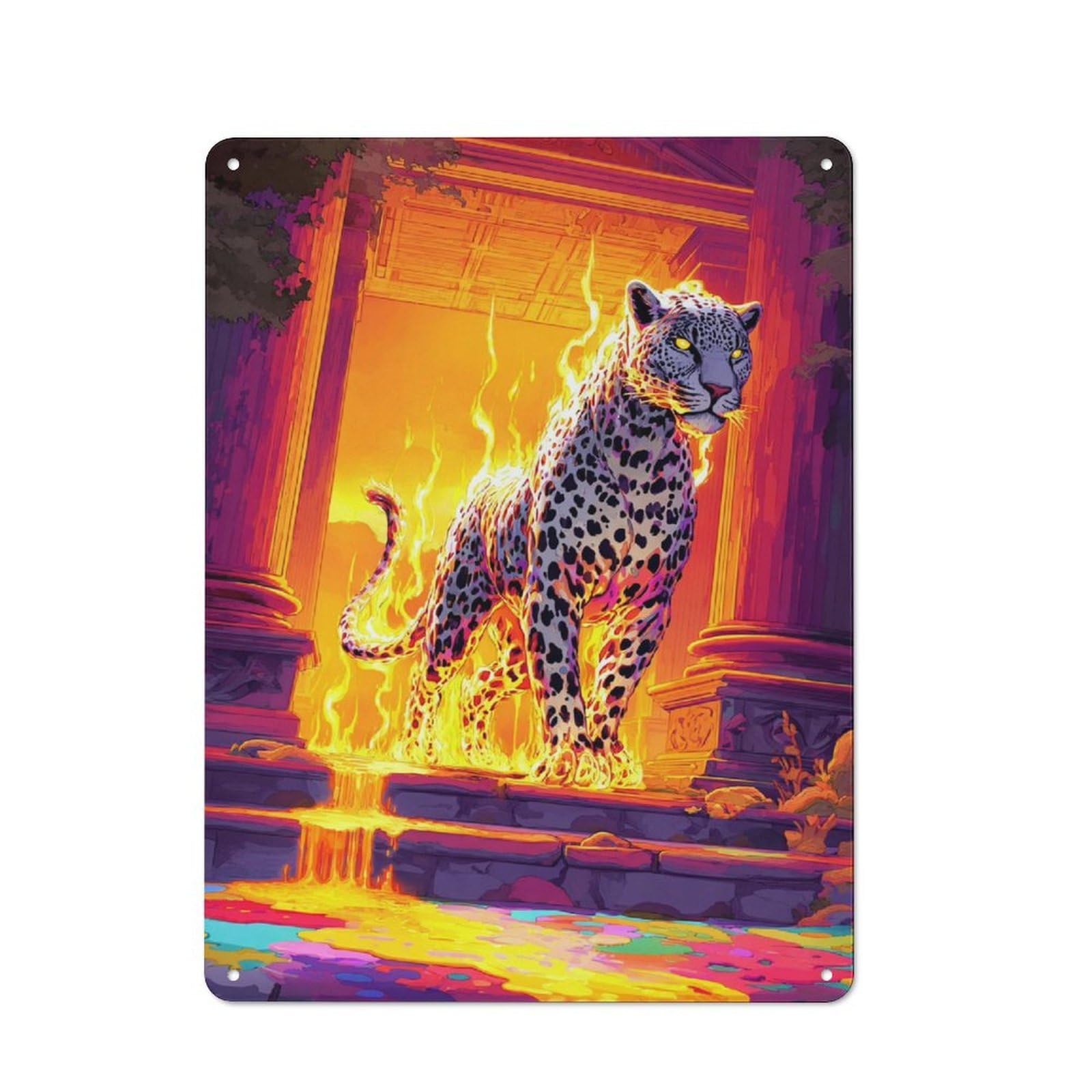 Junmoney Flaming Leopard In Ancient Ruins Vintage Metal Wall Decor 40X30cm, Garage Metal Sign For Garage, Workshop, Shed Or Utility Room
