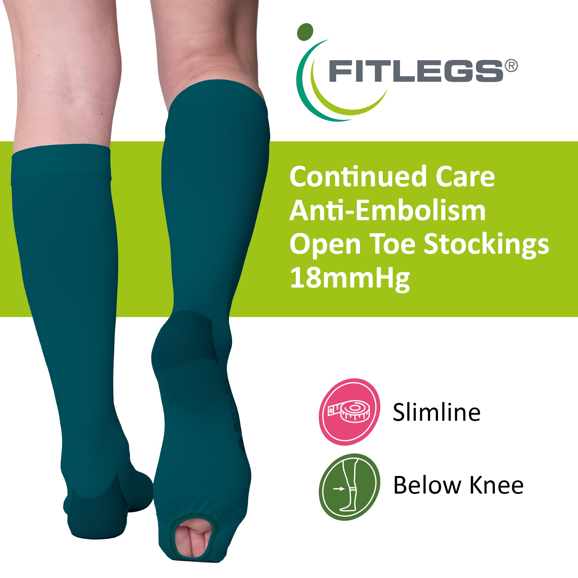 FITLEGS - Open-Toe Compression Stocking - 18mmHg AES DVT Prevention - Below Knee, Slimline, Teal, 1-pack Teal - Image 2