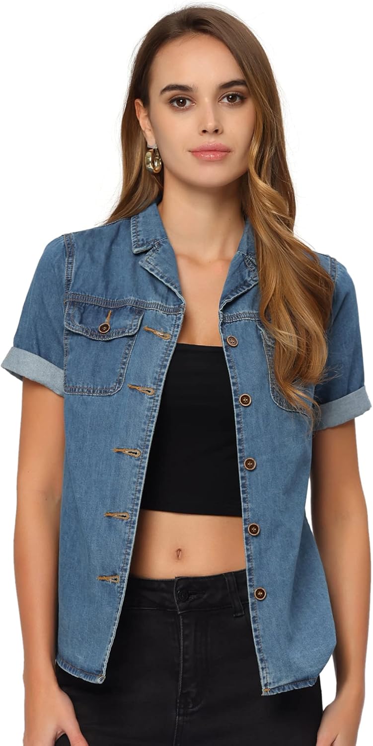 Allegra K Women's Denim Shirt Short Sleeve Button Down Notched Collar Western Pocket Classic Jean Shirt - Image 4