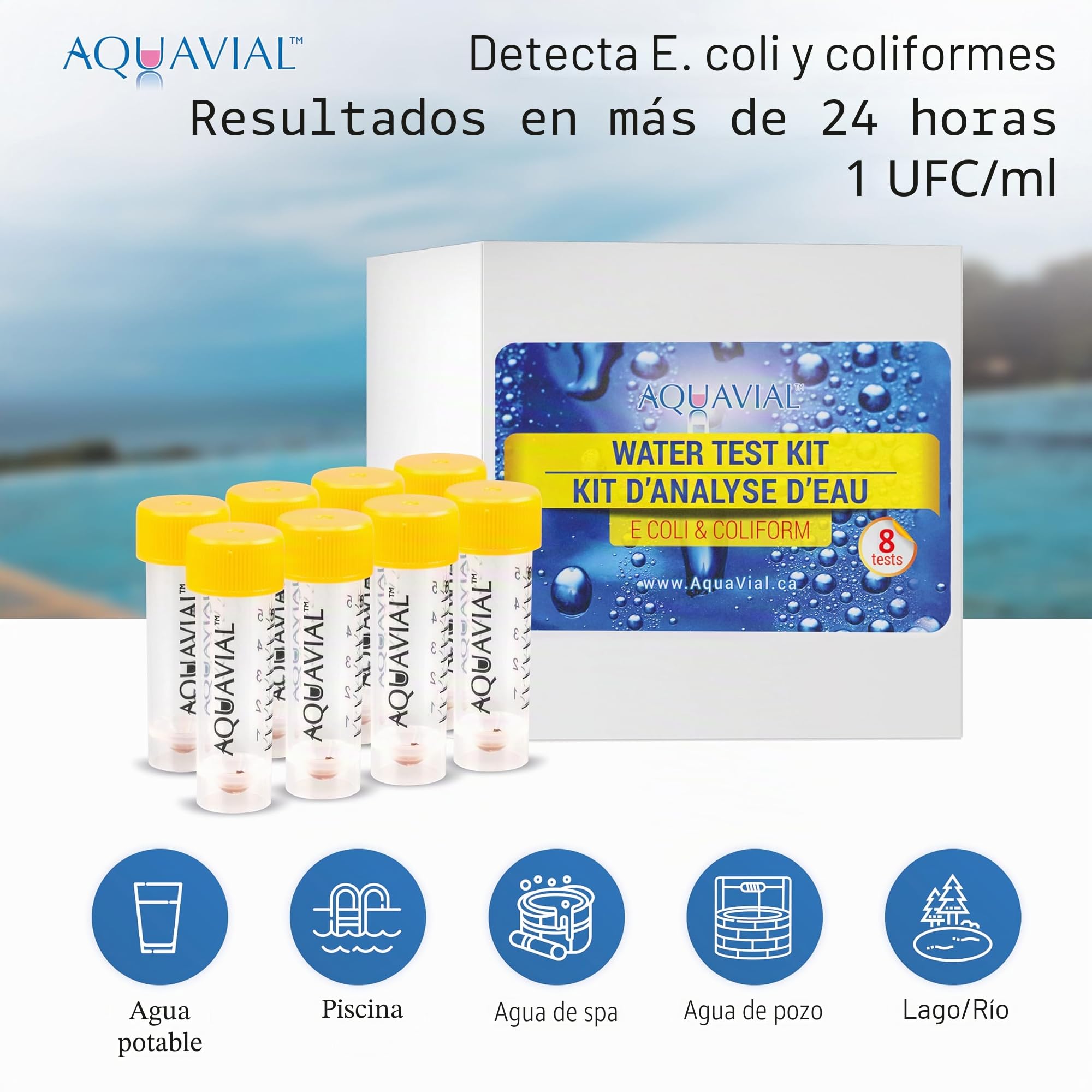 Kit de prueba de agua – 8 unidades para detección de bacterias E. coli y coliformes | Kits de prueba de agua de alta sensibilidad para agua potable o pozo | Probador de calidad del agua para