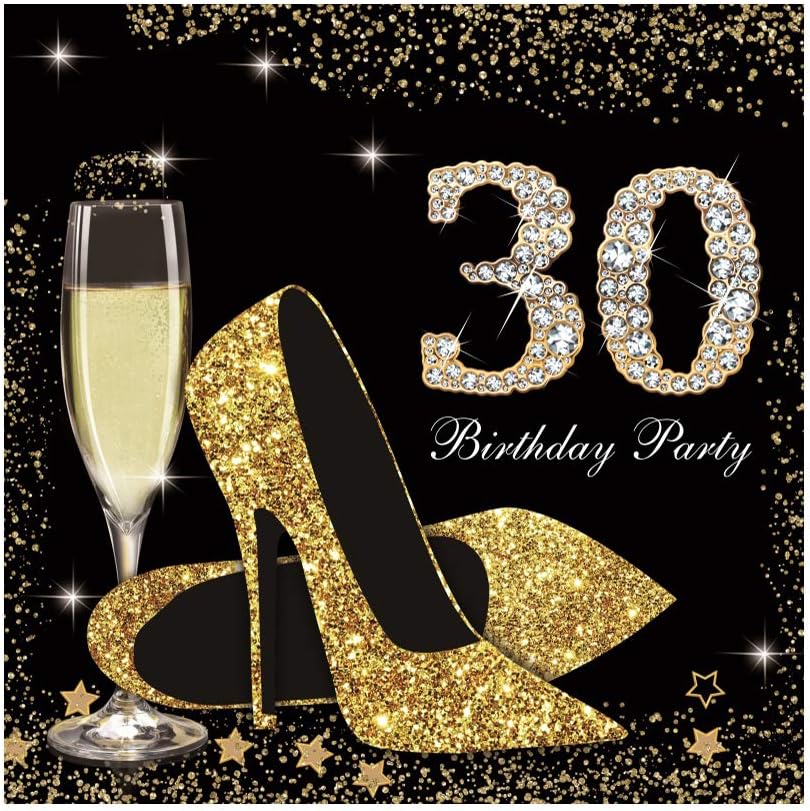 DORCEV 8x8ft Happy 30th Birthday Party Backdrop Lady Queen Theme Birthday Lady Birthday Prom Party Background Shiny Golden High Heel Shoes Party Cake Table Banner Decor Photo Studio Props