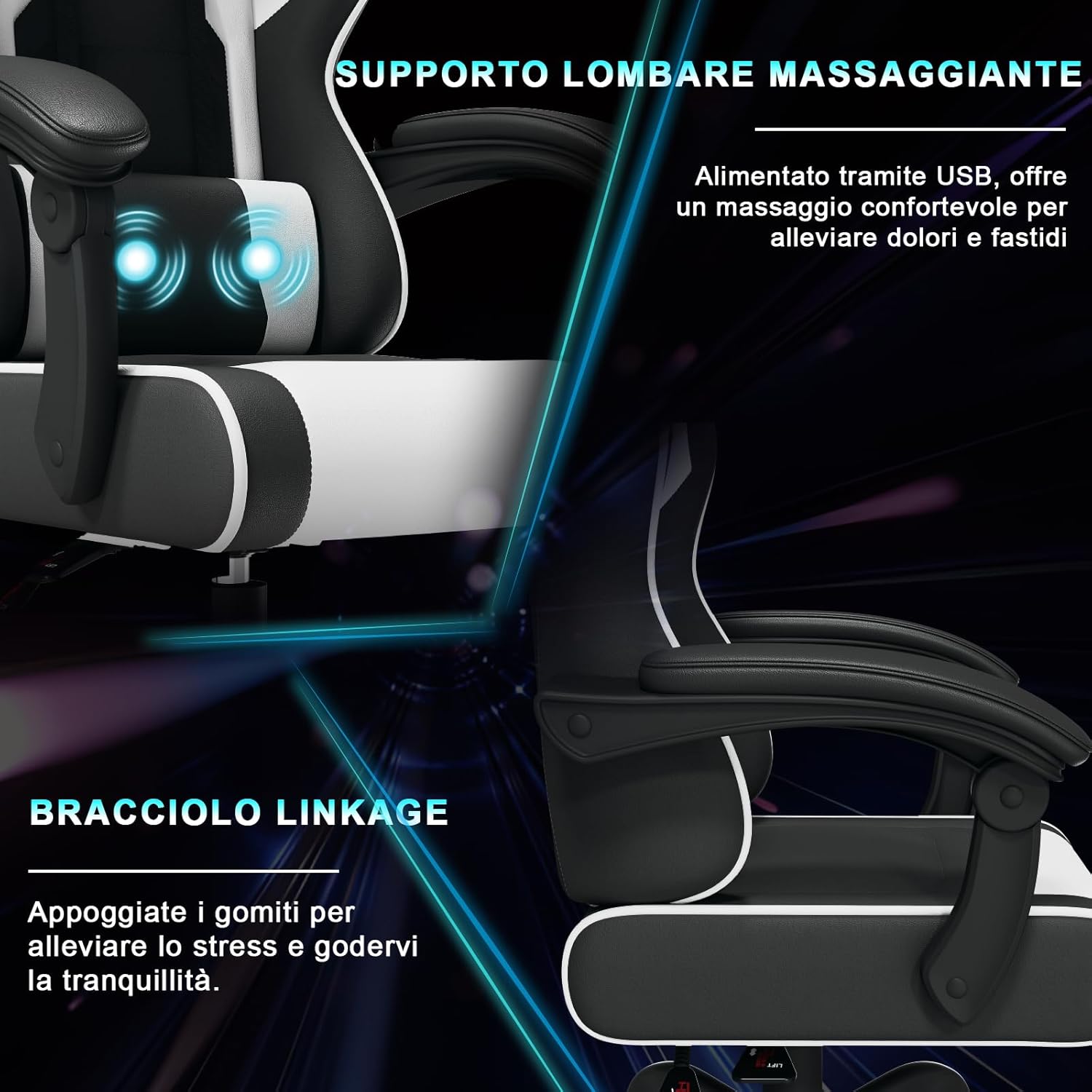 Close-up of massaging lumbar support and linkage armrest on JUMMICO gaming chair