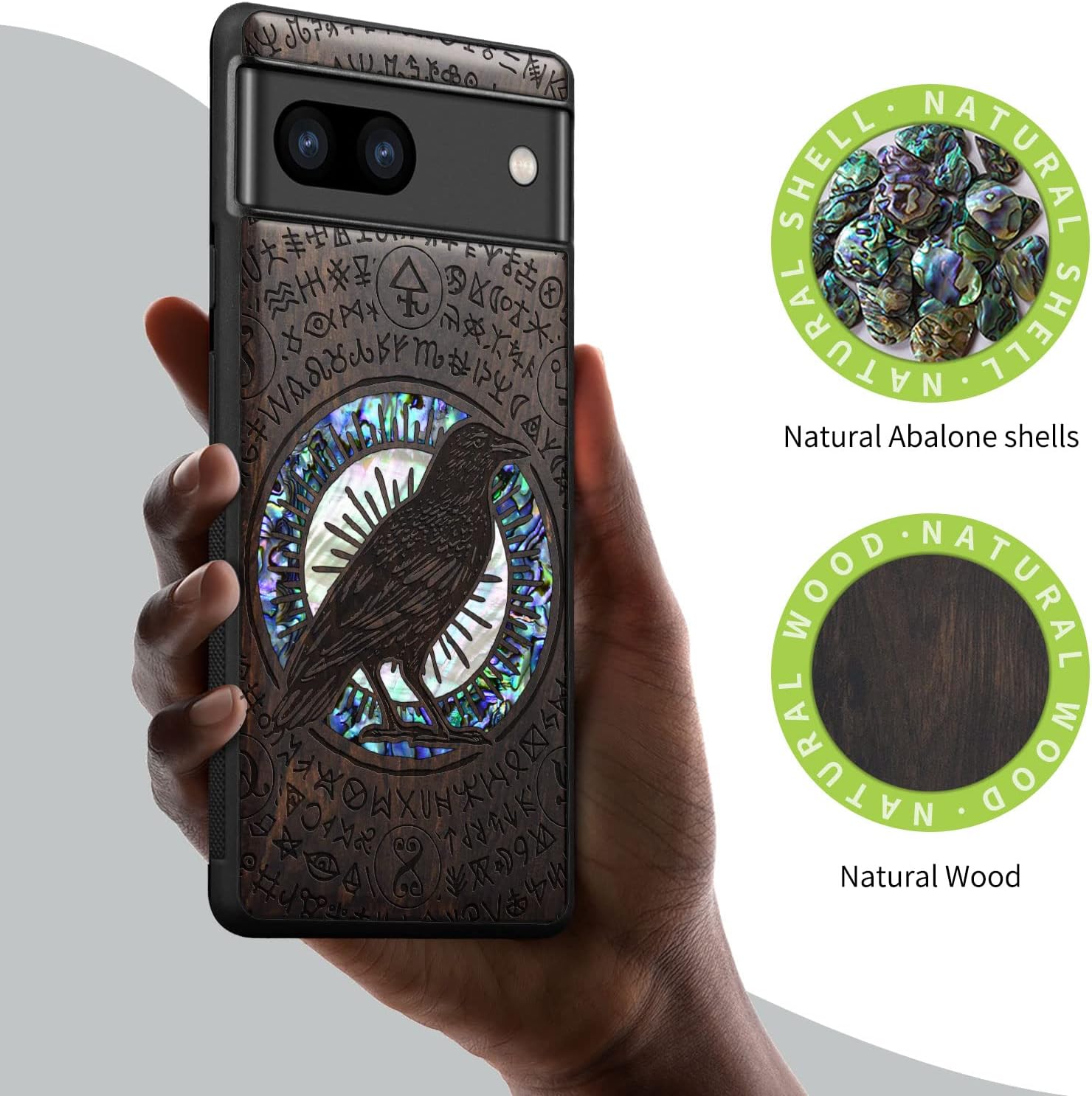 Carveit Designer Wooden Case for Google Pixel 8 Case Protective Cover [Wood Engraving & Shell Inlay] Compatible with Wireless Chargers Pixel 8 (Haloed Crow-Blackwood)