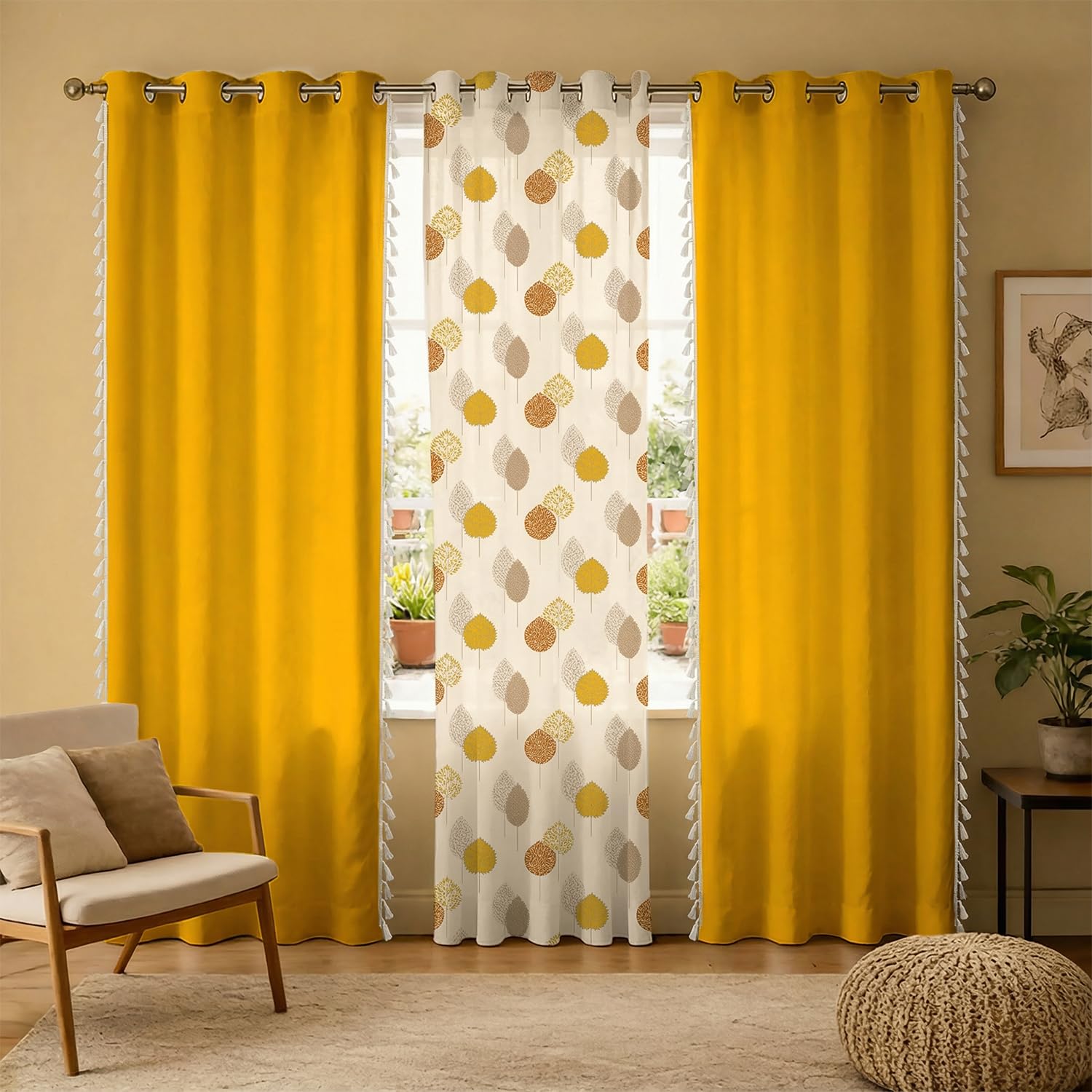 Urban Space Printed 100% Cotton Curtain for Window, Cotton & Sheer Combo Set of 3 Curtains 5 Feet Long, Tieback & Eyelets Included with Curtains for Room Darkening (Drops Mustard Sheer & Aura Yellow)