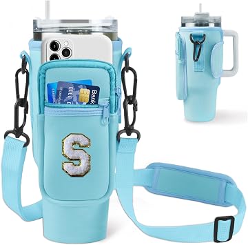 Initial Water Bottle Carrier Bag with Phone Pocket for Stanley 40Oz Cup Accessories,Water Bottle Holder with Shoulder Strap Mothers Day Birthday Gifts for Women Mom Teacher Friend Blue S