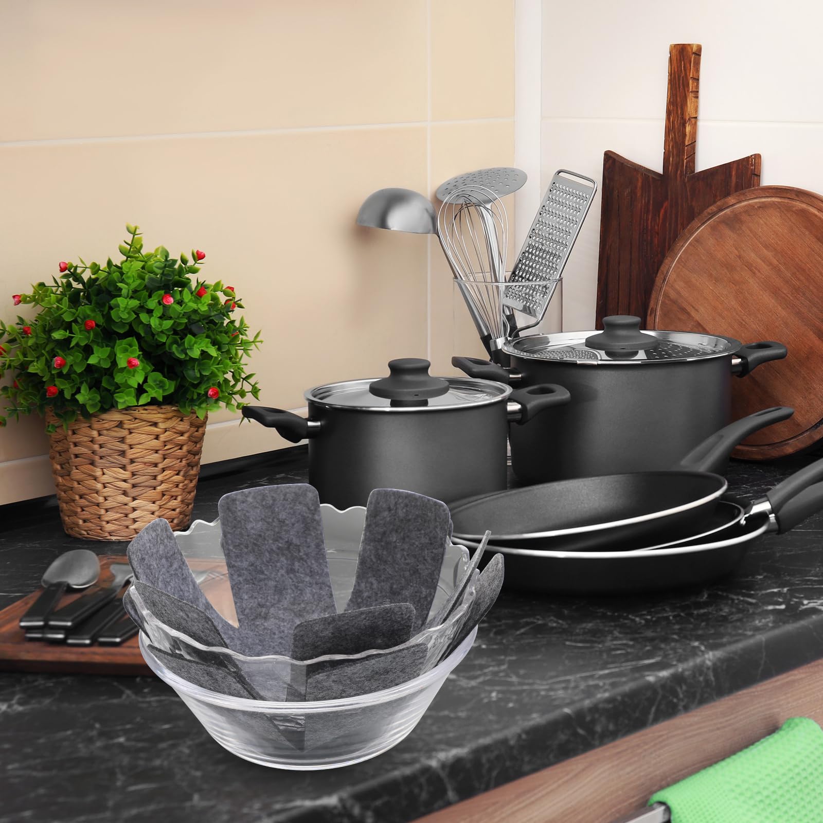 Honeydak 80 protectores para ollas y sartenes, 6 tamaños diferentes, almohadillas divisoras de ollas, protectores de utensilios de cocina para apilar, proteger ollas y sartenes, color gris