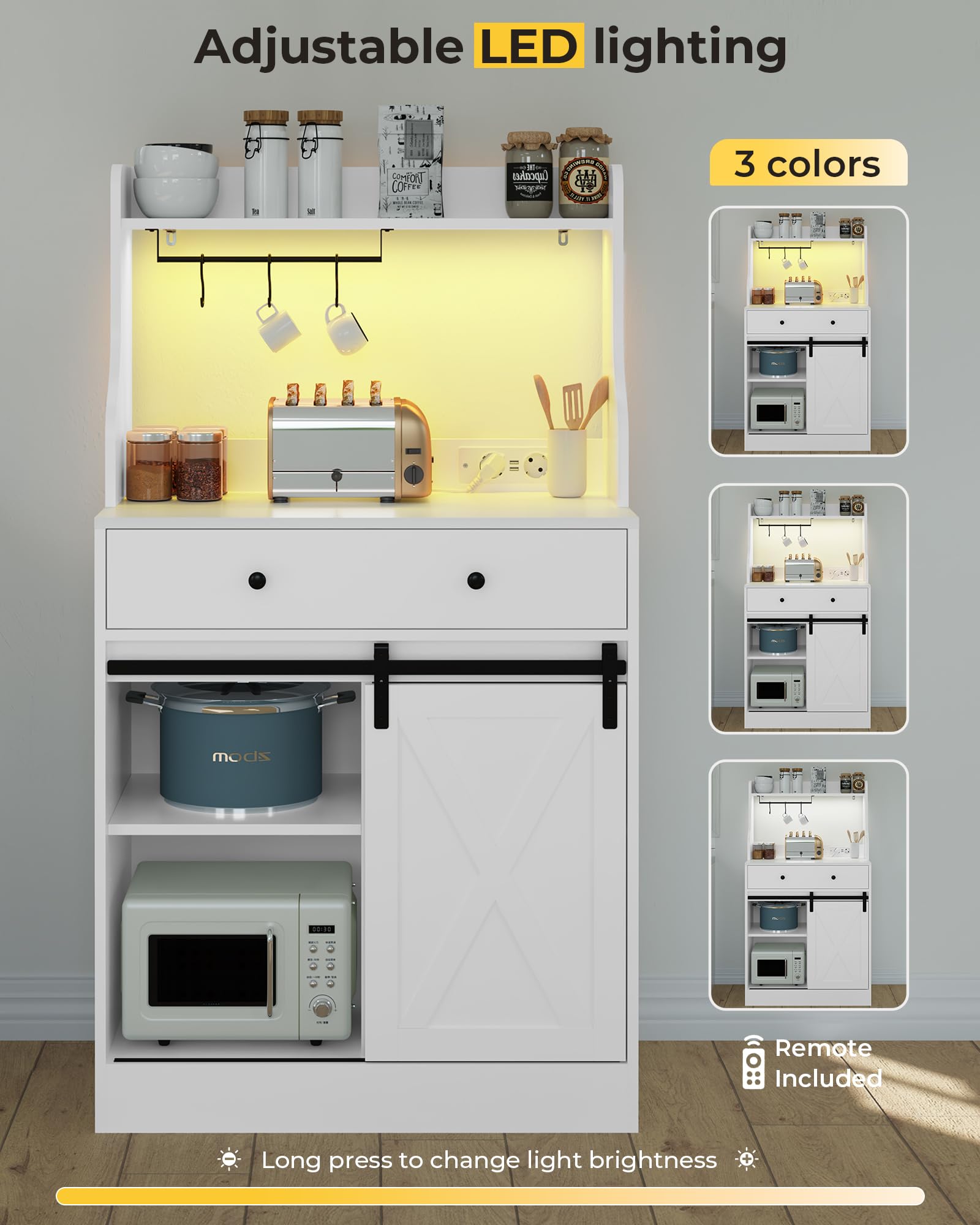 Credenza Cucina KIMENICH Con Luci LED - Mobile Buffet Con Cassetti E Ripiani Regolabili, Nero 70x40x135 Cm