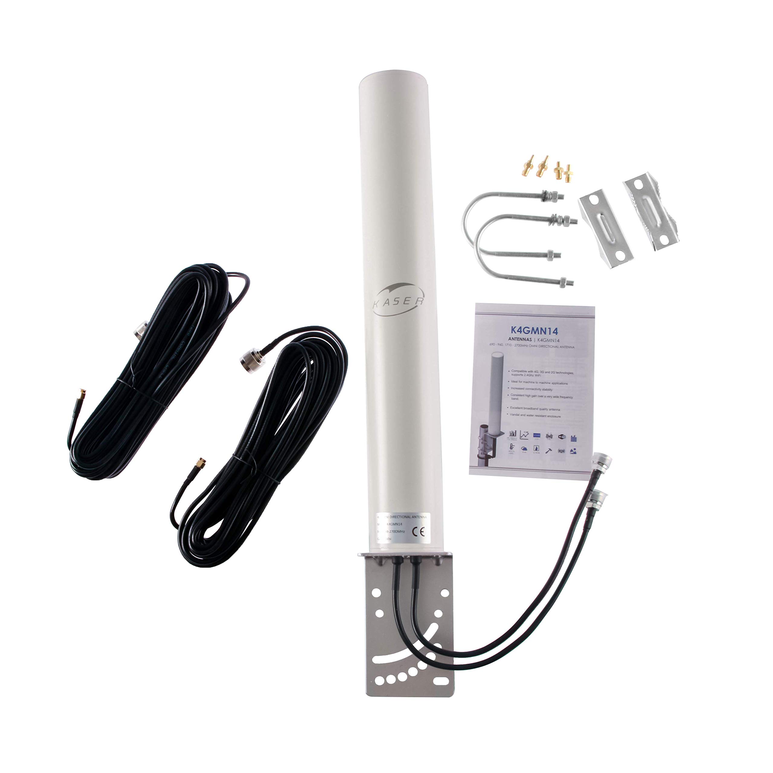 KASER Antena 4G LTE Exterior Mimo Omnidireccional 698-2700 MHz Conector SMA con Adaptador CRC9 TS9 Compatible con Router 4G Ganancia hasta 12 dBi Recepción a más de 15 km (2 x 10 m de Cable)