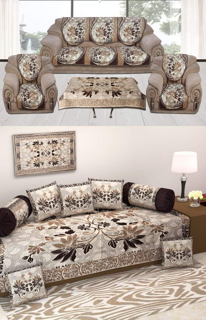 Festival Home Furnishings Jute Fabric Room Set 500TC Sofa Covers Set with Table Cover (Flower Design, Large) Combo of 8 Pieces Diwan Set Covers and 10 Pieces,Beige-image-23