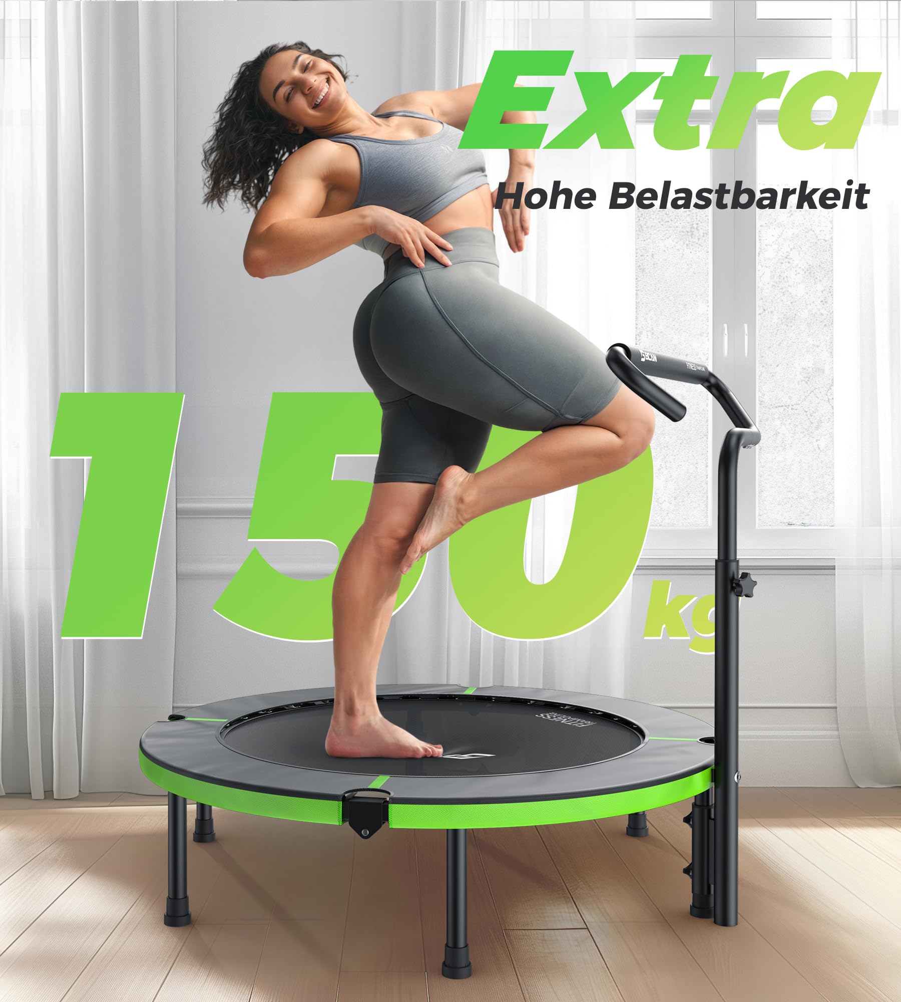 BCAN Trampolin Indoor, 102 cm Jumping Trampolin Fitness, Faltbar, Tragfähigkeit 150 KG, Verstärkte Feder, Verstellbarer Haltegriff mit Schaumstoffpolsterung, Geeignet für Erwachsene und Kinder