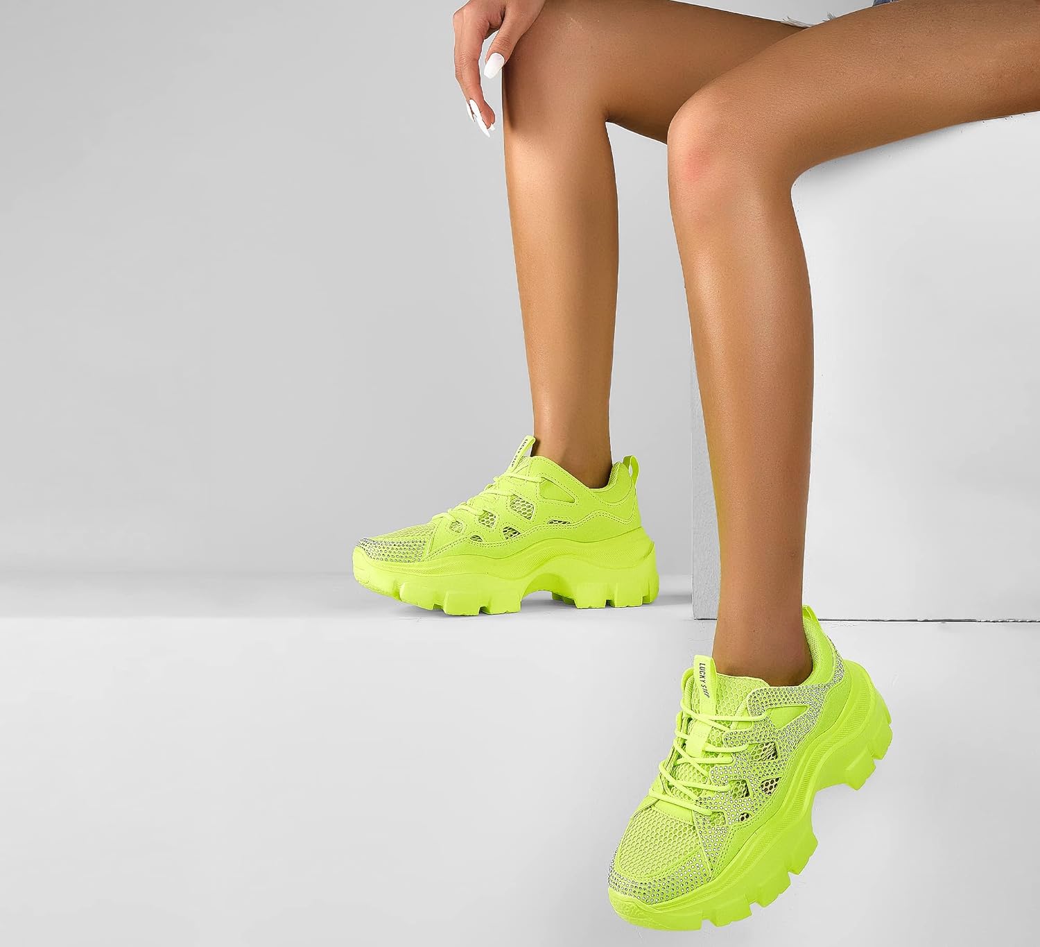 LUCKY STEP Women Chunky Platform Dad Colorblock White Neon Green Fuchsia Hologram Silver Casual Lace-Up Walking Sneakers - Image 8