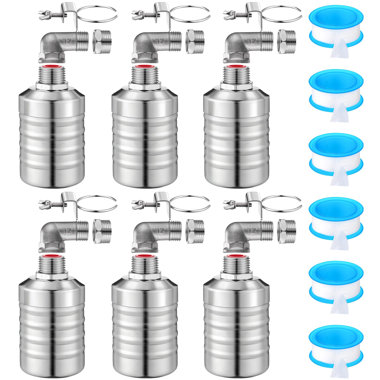 MorningRo Paquete de 6 válvulas flotantes de agua de 1/2 a 3/4 pulgadas, válvula de flotador de tanque de agua de cierre automático de acero inoxidable 304, control de nivel totalmente automático para