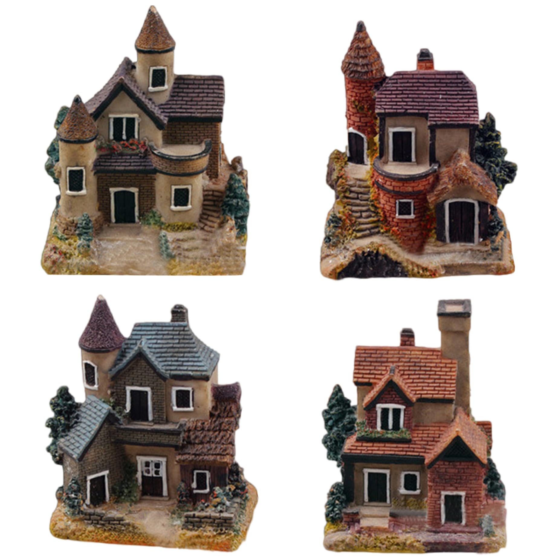 Wilafury 4Pcs Miniature Fairy Garden Houses, Resin Micro Landscape Village Houses for Fairy Garden, Terrarium & Home Decor