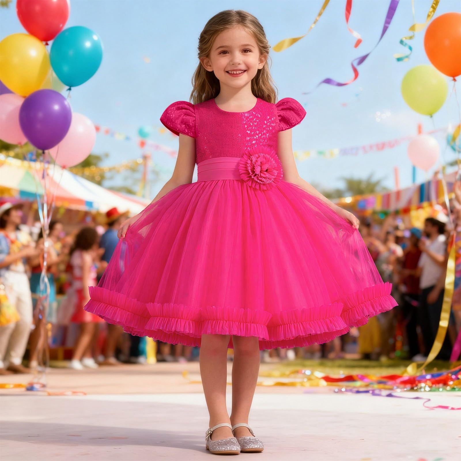 HLTYGWX Kleider Mädchen Kleider Kleider Rock Funkelndes Blumen-Partykleid für Mädchen Kurzarm Tutu-Kleid mit Glitzerdekorationen für Festliche Anlässe