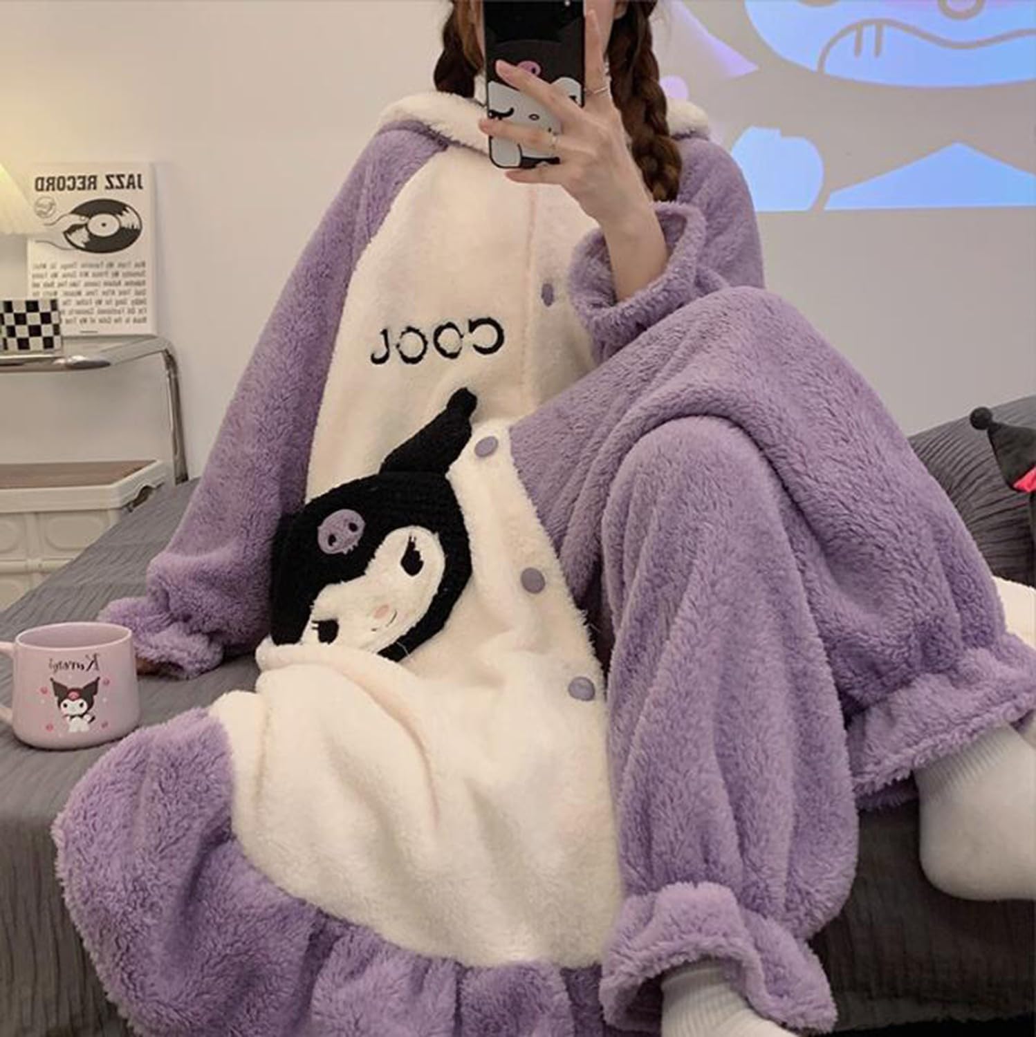 My Melody Pyjama Femme Hiver en Flanelle Peignoir de Bain avec Capuche Polaire Chaude Robe de Chambre et Pantalon Long 2 Pièces Ensemble de Pyjam Vêtements de Nuit