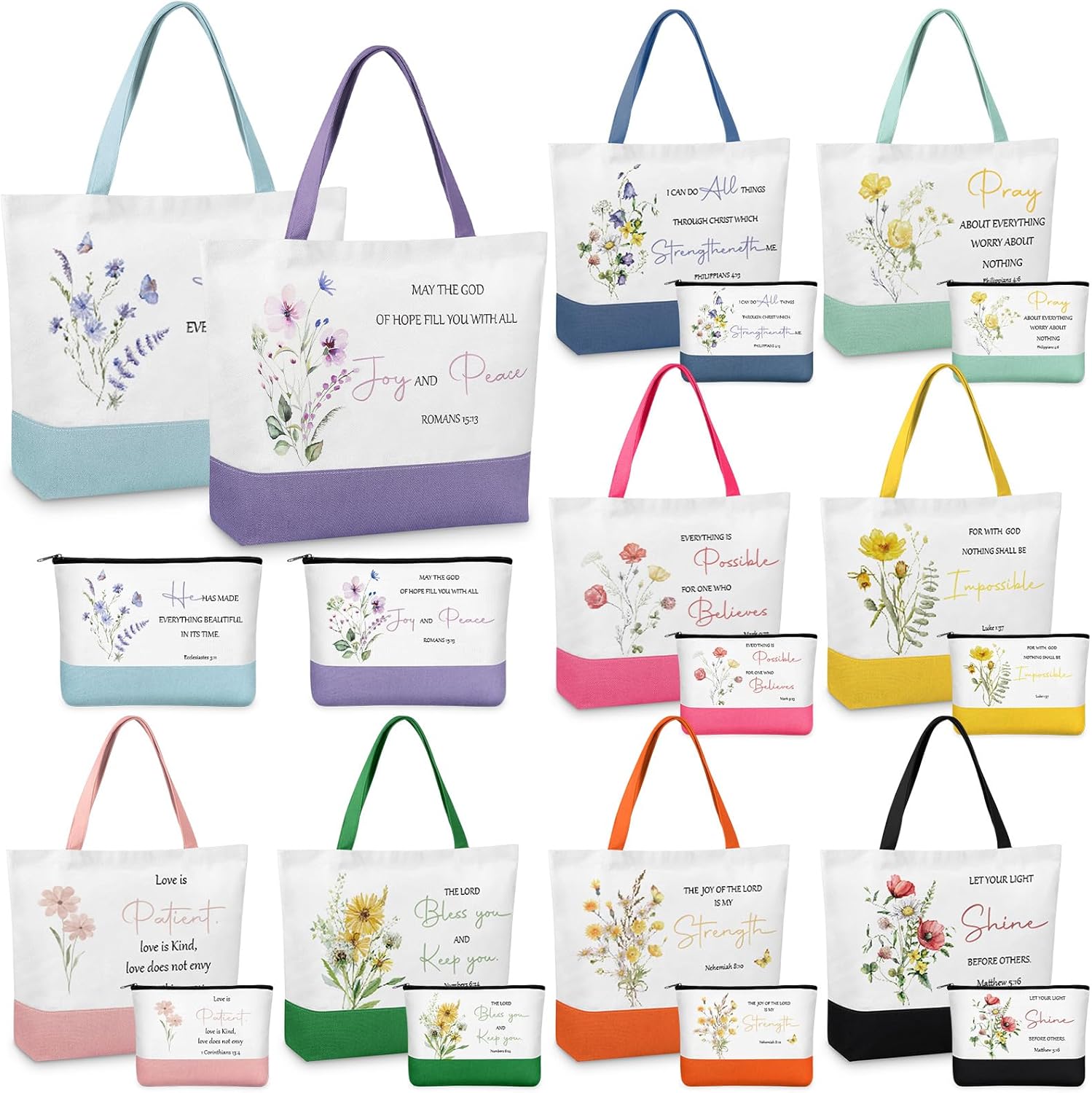 20 Pcs Christian Gift Bible Tote Bags Christian Makeup Pouches Inspirational Bible Verse Cosmetic Bags with Zipper Christmas Religious Gift Flowers Reusable Grocery Religious Party Supplies