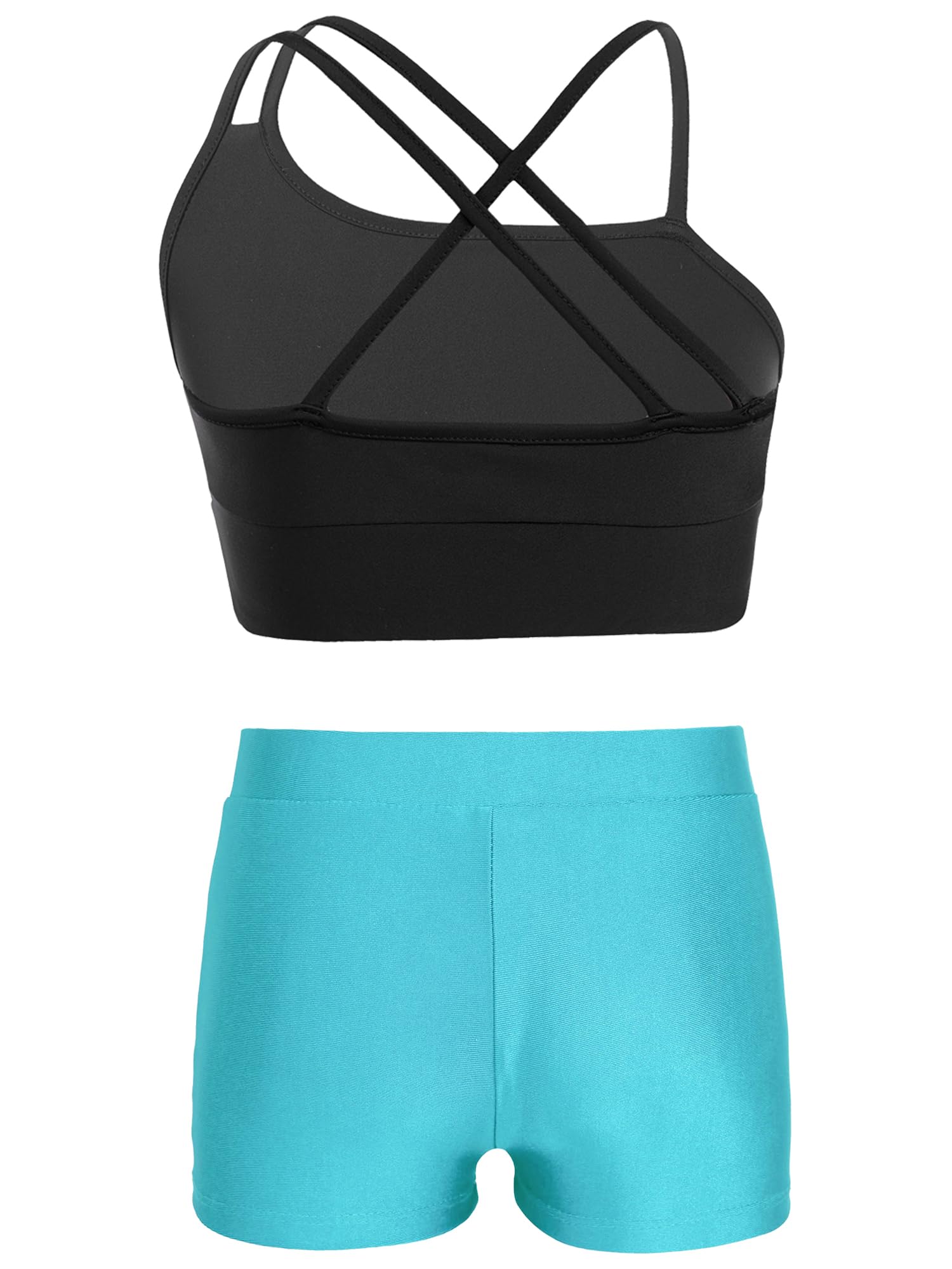 YEAHDOR Kids Girls Ballet Jazz Dance Costume 2 Pcs Gymnastic Outfit Crop Top with Shorts Pantskirt Dancewear Black&Lake Green 8