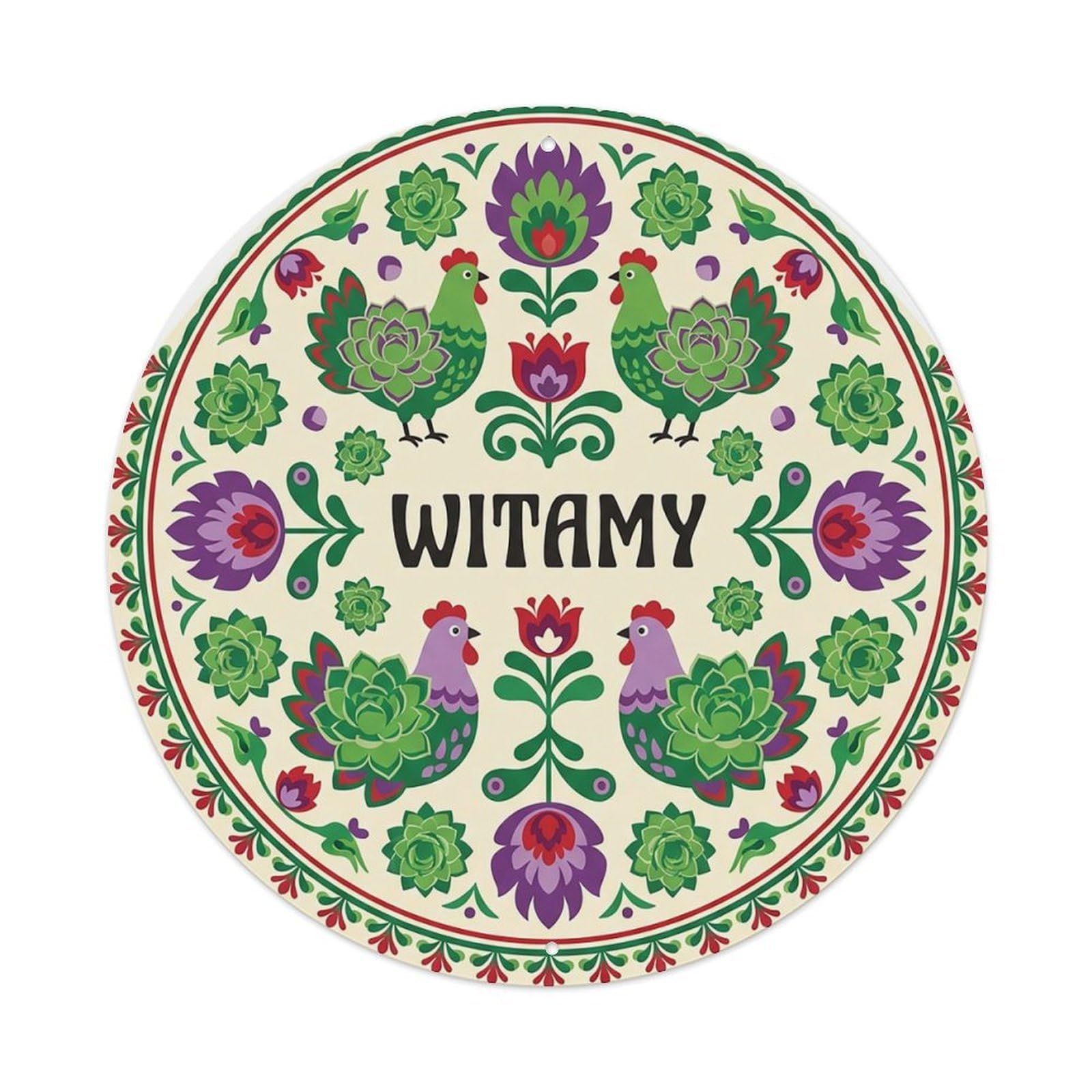 Vintage Polish Folk Art Witamy Welcome Sempervivum Metal Tin Sign