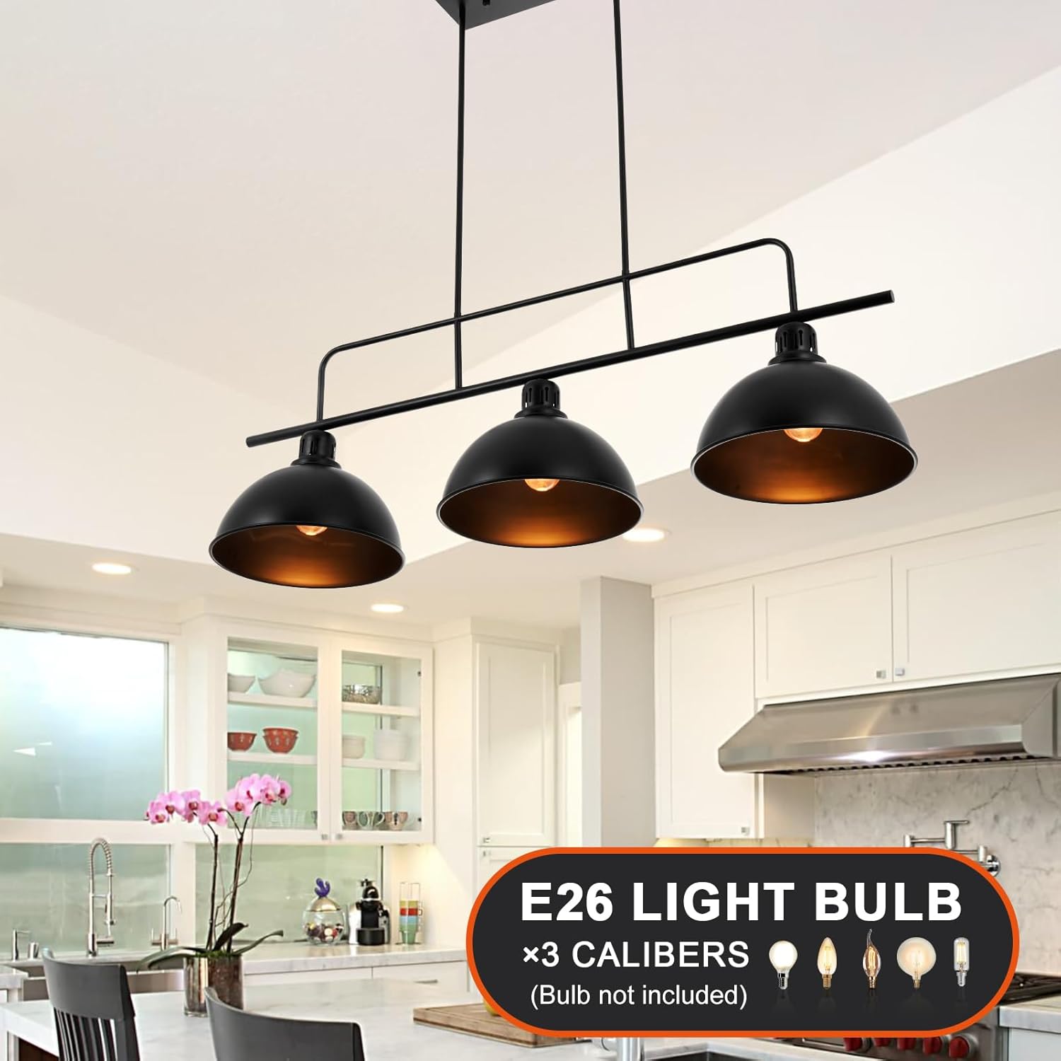 A Million 3-Light Kitchen Island Pendant Light Fixture, Farmhouse Linear Hanging Lighting, Industrial Chandelier with Black Finish for Kitchen, Bar, Dining Room, Pool Table, 2300217001