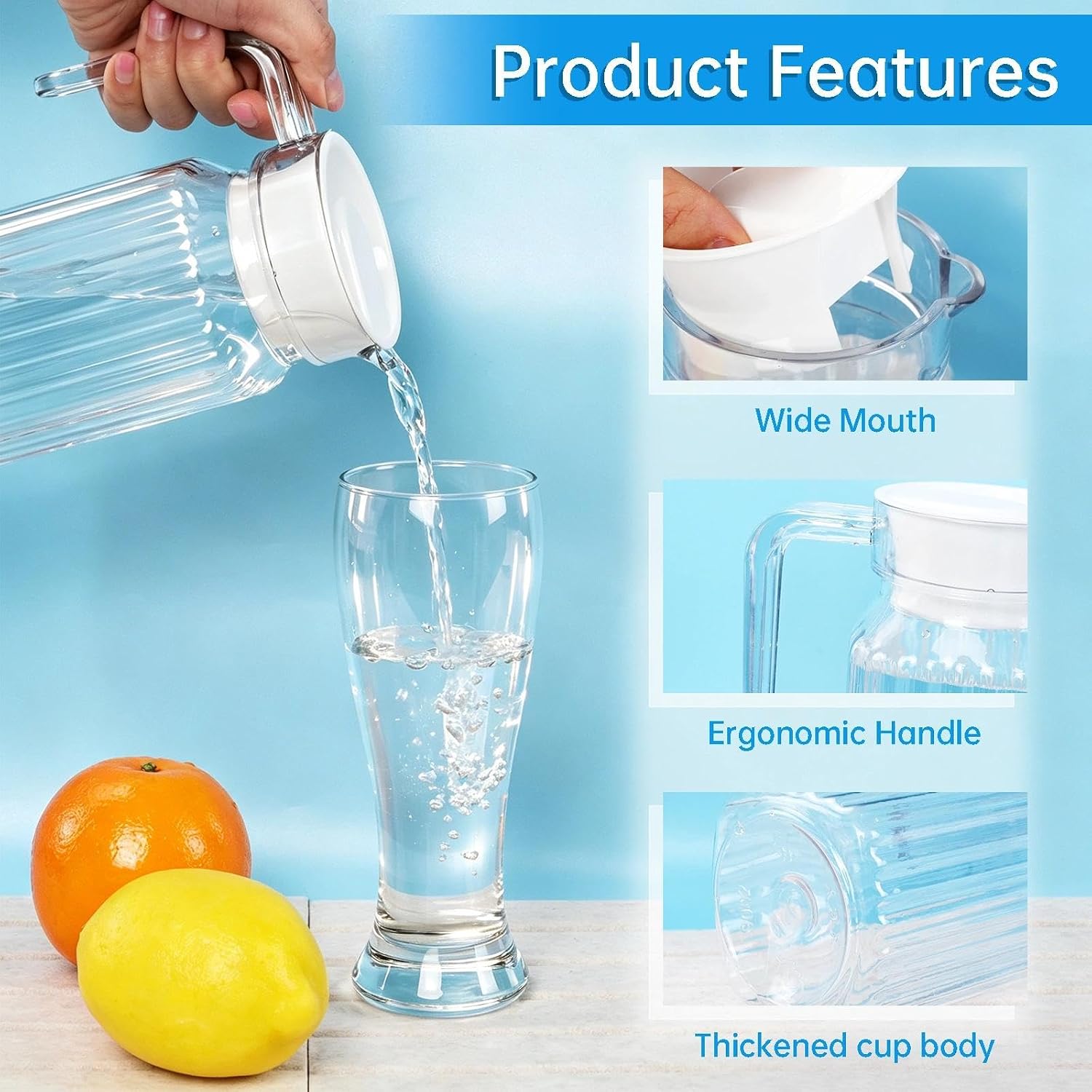 2 Pack Plastic Pitcher with Lid and Handle, Unbreakable Acrylic Juice Jug