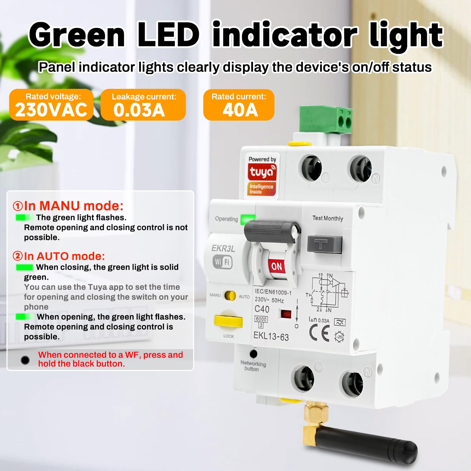 Jadeshay Disjoncteur Differentiel 30ma 40A 2 Pôles A Type Disjoncteur Intelligent RCCB Dispositif à réenclenchement Automatique WiFi AC230V Contrôle TUYA (GKR3L)