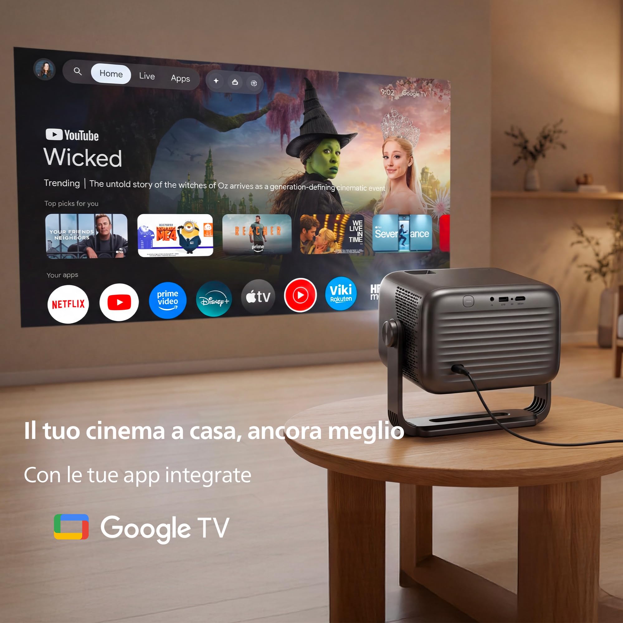 Philips NeoPix 460 Smart, proiettore LCD LED, Full HD 1080p, 500ANSI lumen, schermo 100", Google TV, Wi-FI, Bluetooth, HDMI, USB-A, autofocus, Keystone Auto, rotazione 180°.