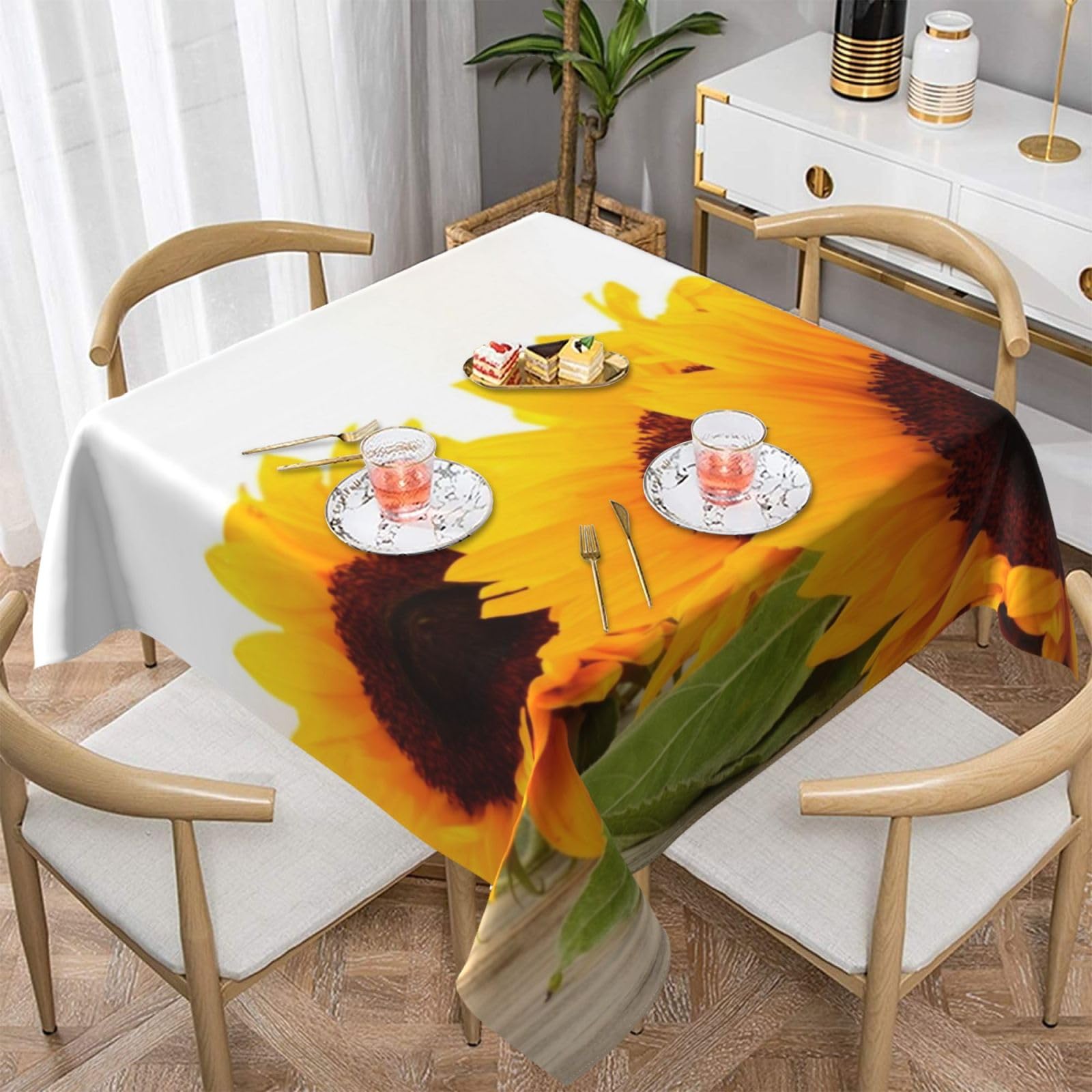 DCEHGEW Sunflower on Wooden Prints Square Tablecloth 137x137 CM, Waterproof Fabric Table Cloth for Dining Table, Farmhouse Table Cover for Kitchen Dining Tabletop Decoration