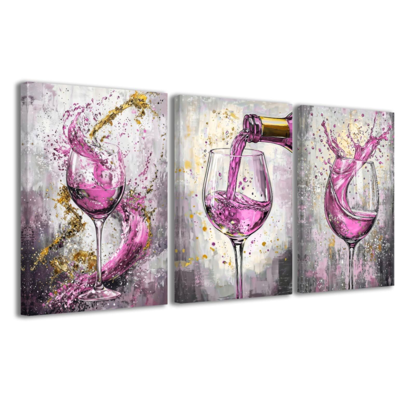 CCWACPP Pink Kitchen Pictures 3 Piece Kitchen Wall Art Wine Canvas Prints Dining Room Pub Bar Home Restaurant Decor Framed (40x60cmx3)