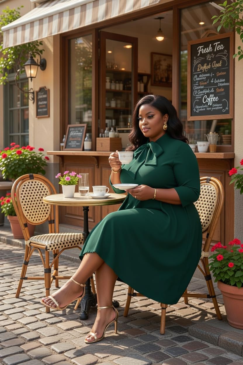 FANDEE Midi Dress for Women Casual 3/4 Sleeve Semi Formal Fit and Flare Dress Classy Tie Neck Work Business Dresses - Image 5