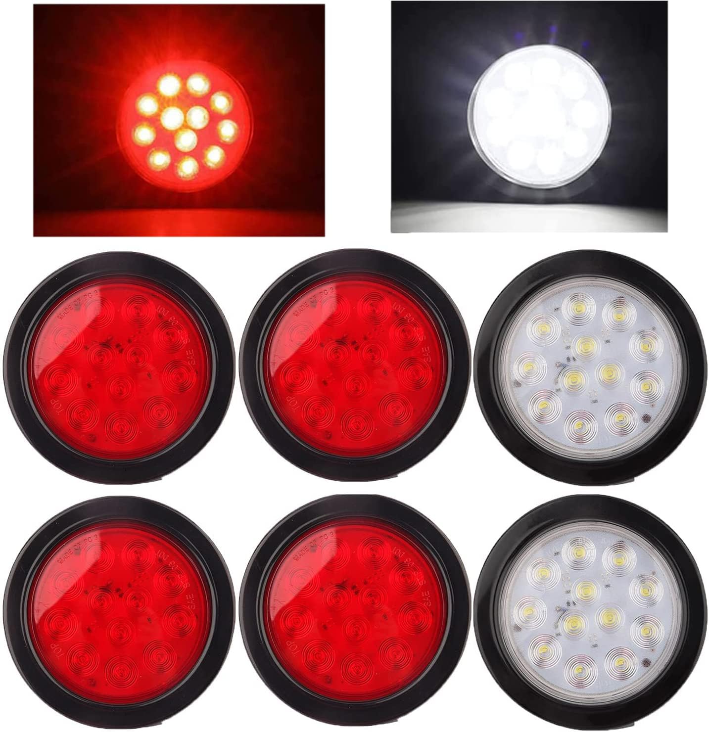 4" Round LED Trailer Tail Light Red, 4 Inch Round Led Stop Turn Tail Lights Brake Trailer Lights for RV Trucks with 12 LED, Include Rubber Grommets and 3-Prong Wire Pigtails 6PCS
