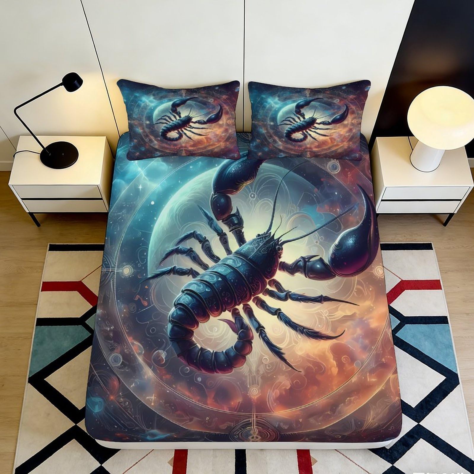 3D Printed Scorpion Fitted Sheet Microfiber Durable Breathable Cosmic Nebula Mattress Cover for Bedroom Dormitory Guest Room Protection Decoration 120x200x25cm
