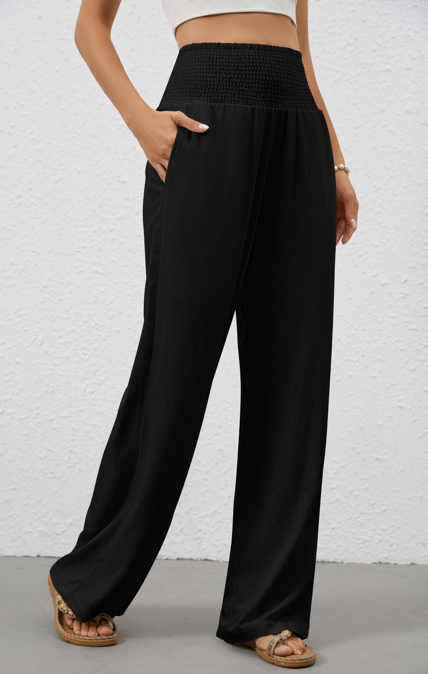 Pantalones de mujer de pierna ancha, elegantes Palazzo, informales, informales, de cintura alta, pantalones de tela largos, ligeros, cintura plisada, con bolsillos